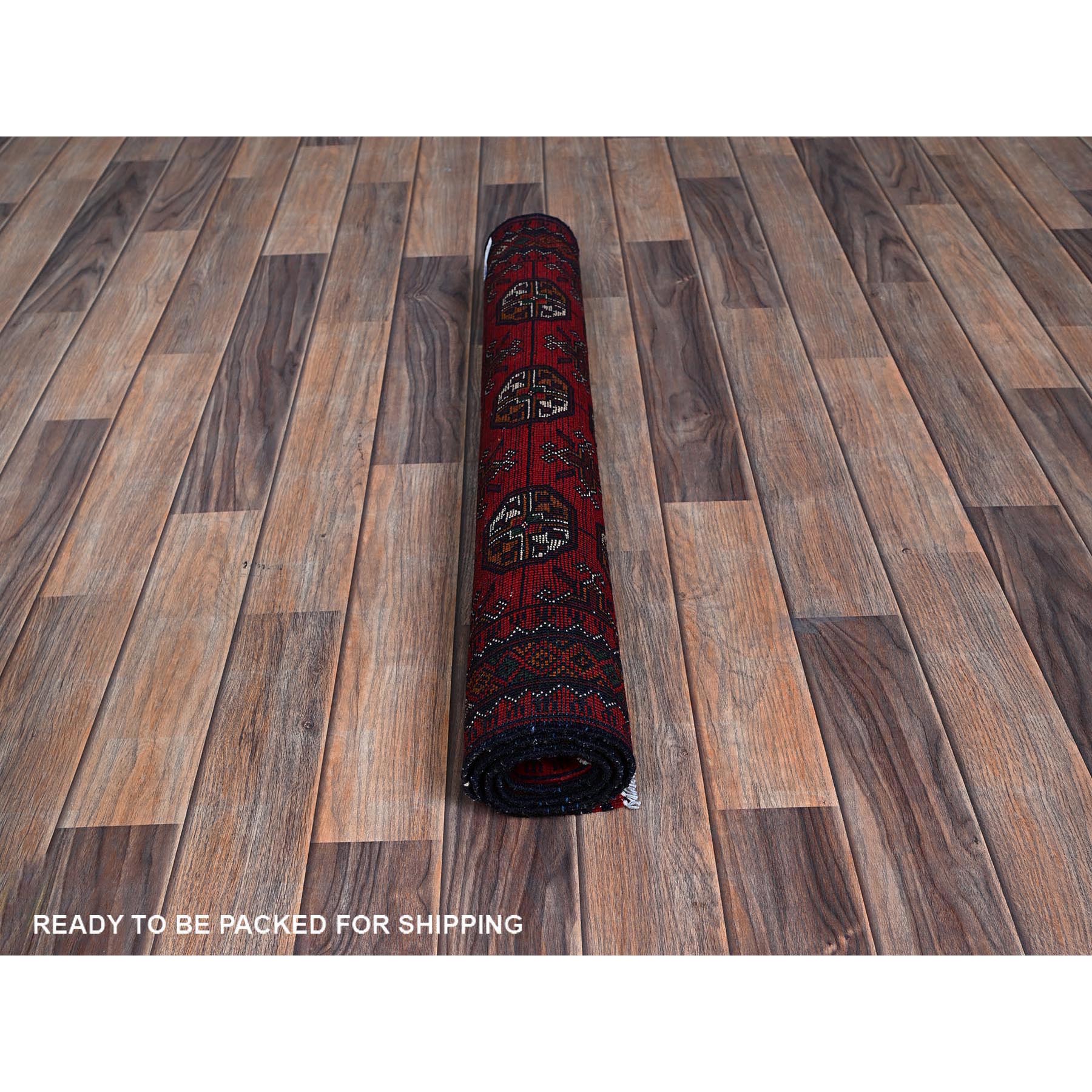 2'9"x3'10" Ruby Red, Princess Bokara with Geometric Medallions Design, Vegetable Dyes, 100% Wool, Hand Knotted, Mat, Sample, Oriental Rug S702