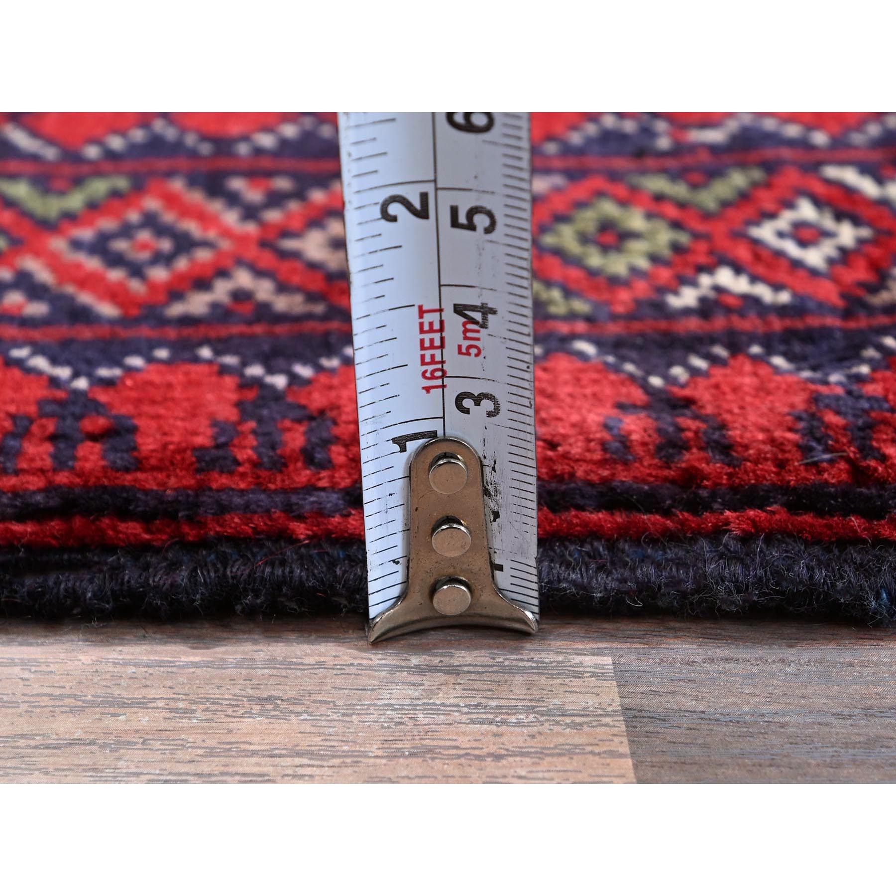 2'9"x3'10" Ruby Red, Princess Bokara with Geometric Medallions Design, Vegetable Dyes, 100% Wool, Hand Knotted, Mat, Sample, Oriental Rug S702