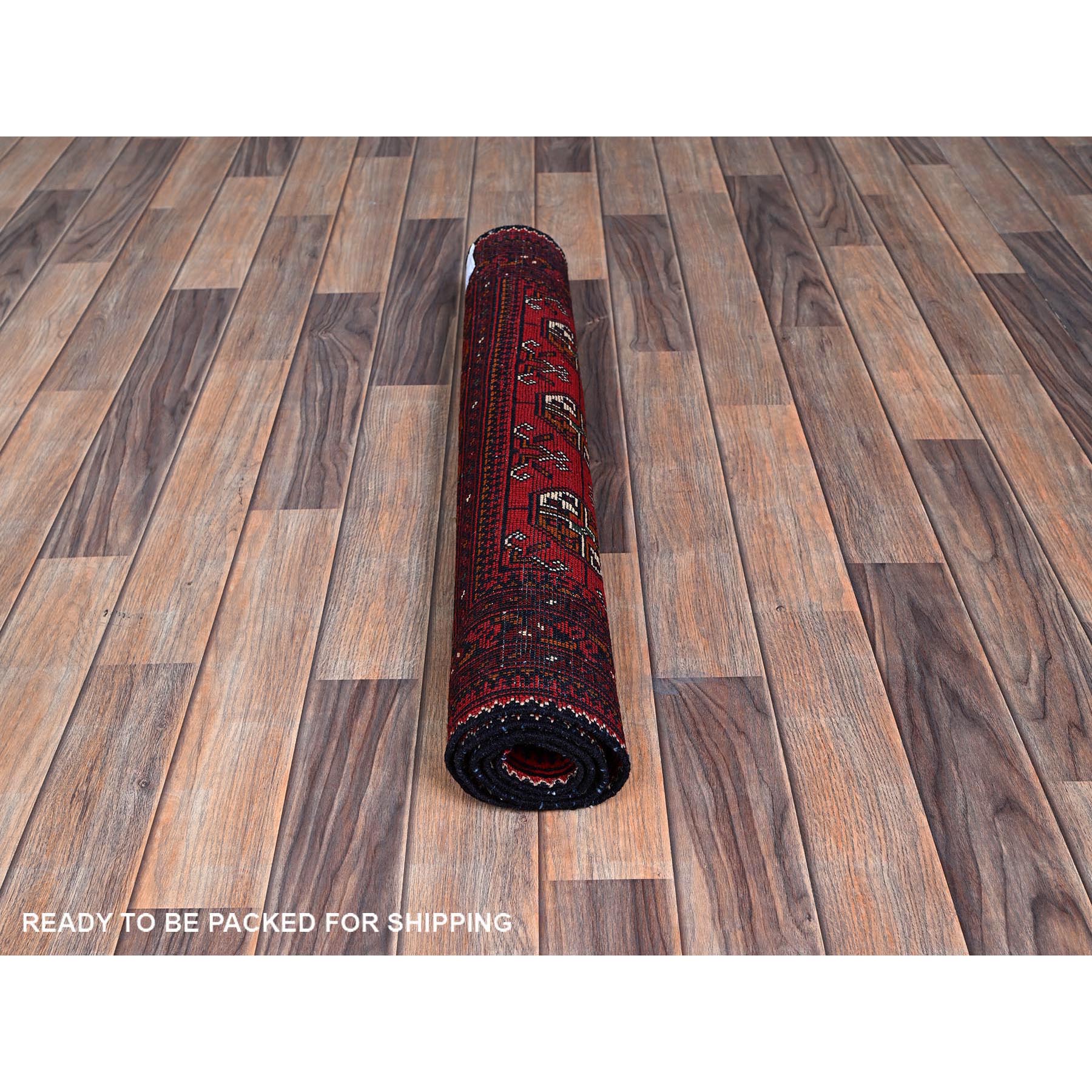 2'9"x4' Scarlet Red, Princess Bokara with Geometric Medallions Pattern, Vegetable Dyes, Soft Wool, Hand Knotted, Sample, Mat, Oriental Rug Sh703