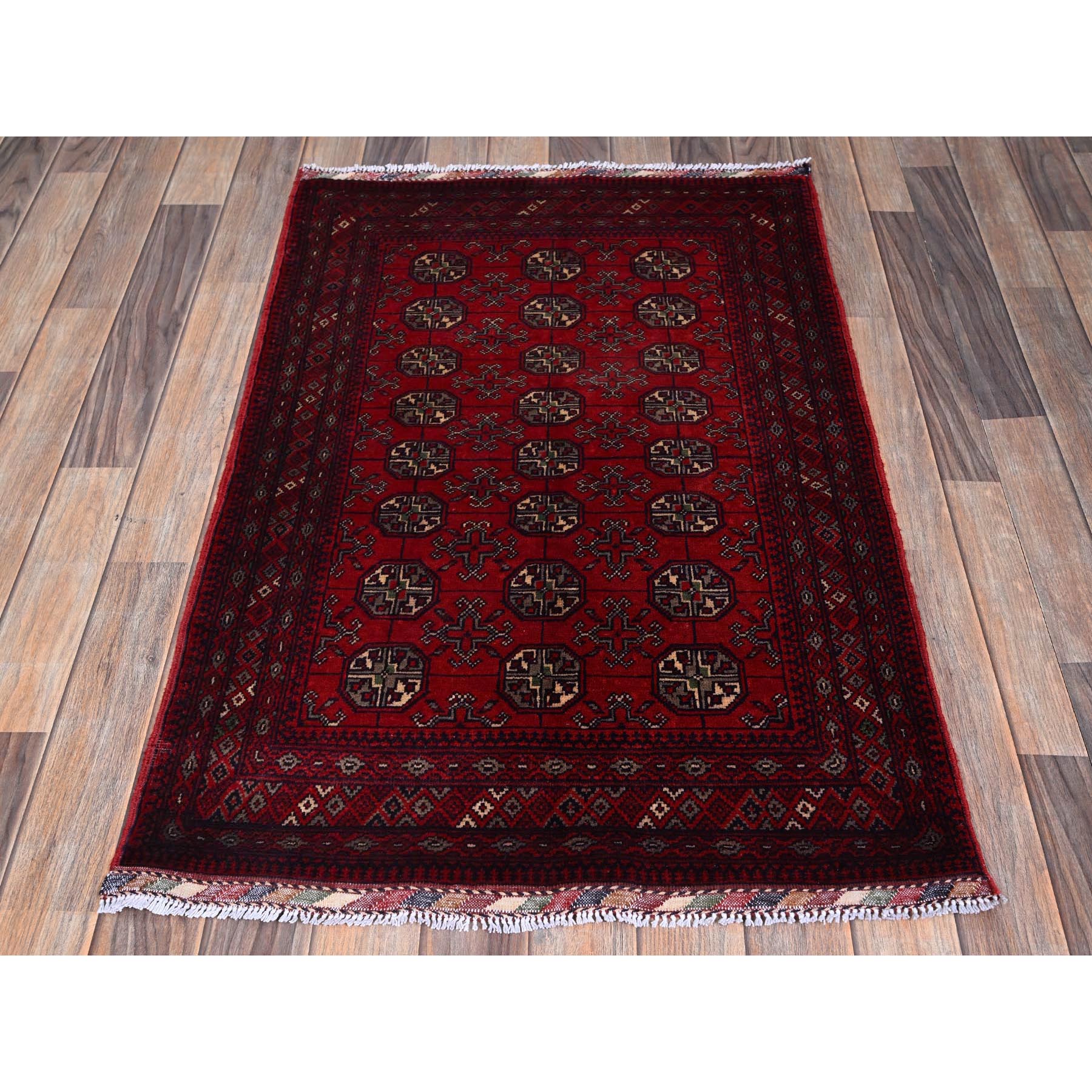 2'7"x4' Chili Red, Princess Bokara with Geometric Pattern, Natural Dyes, Hand Knotted, 100% Wool, Mat, Sample, Oriental Rug Sh704