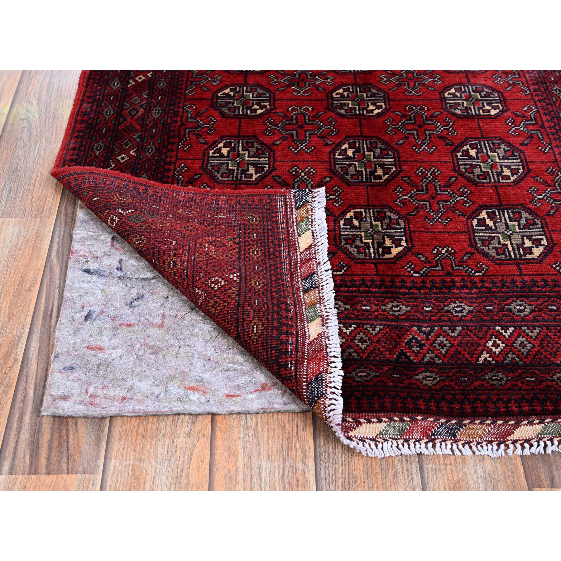 2'7"x4' Chili Red, Princess Bokara with Geometric Pattern, Natural Dyes, Hand Knotted, 100% Wool, Mat, Sample, Oriental Rug Sh704