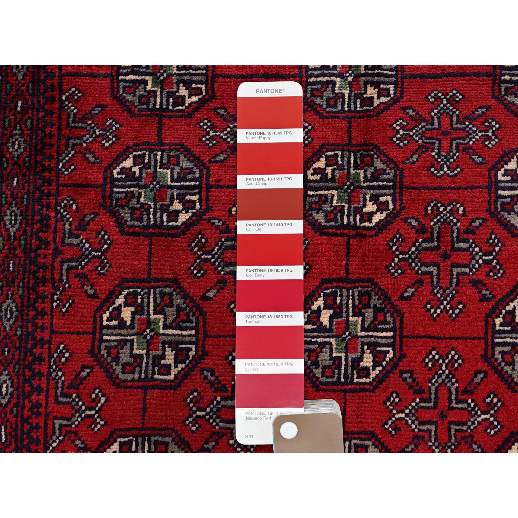 2'7"x4' Chili Red, Princess Bokara with Geometric Pattern, Natural Dyes, Hand Knotted, 100% Wool, Mat, Sample, Oriental Rug Sh704