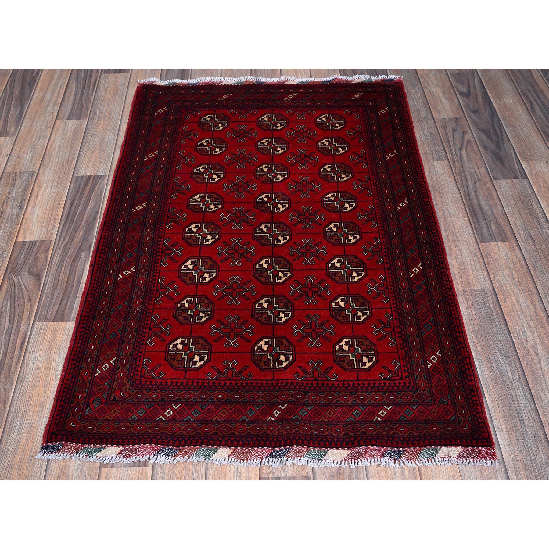 2'9"x4' Berry Red, Princess Bokara with Geometric Medallions Design, 100% Wool, Veggie Dyes, Hand Knotted, Mat, Sample, Oriental Rug Sh705