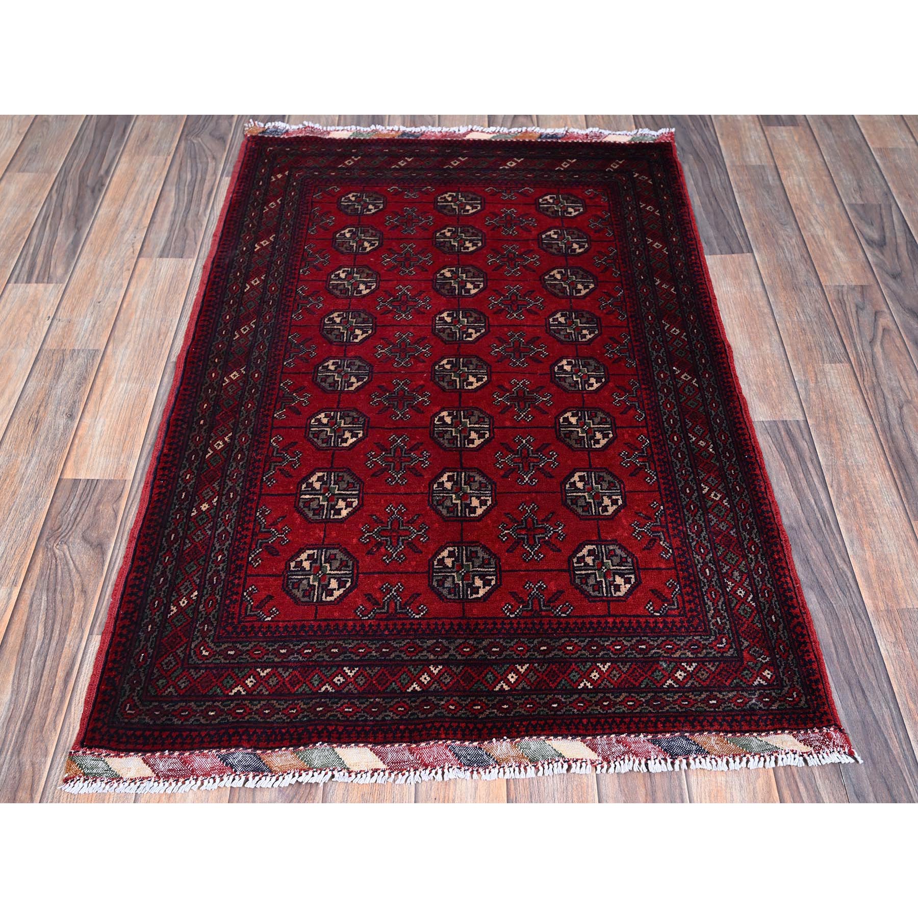 2'9"x4'1" Berry Red, Princess Bokara with Geometric Medallions Design, Vegetable Dyes, Soft and Shiny Wool, Hand Knotted, Mat, Sample, Oriental Rug Sh706