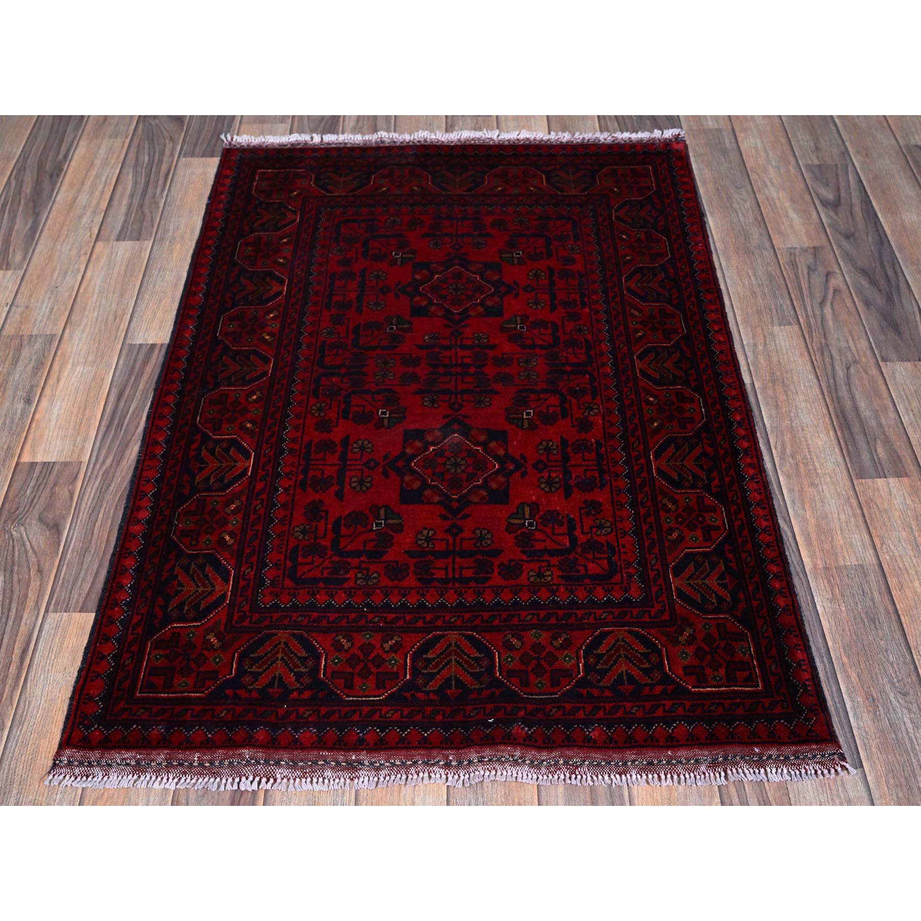 2'9"x3'10" Carmine Red, Hand Knotted, Afghan Khamyab with Tribal Design, Pure Wool, Natural Dyes, Mat, Sample, Oriental Rug Sh707