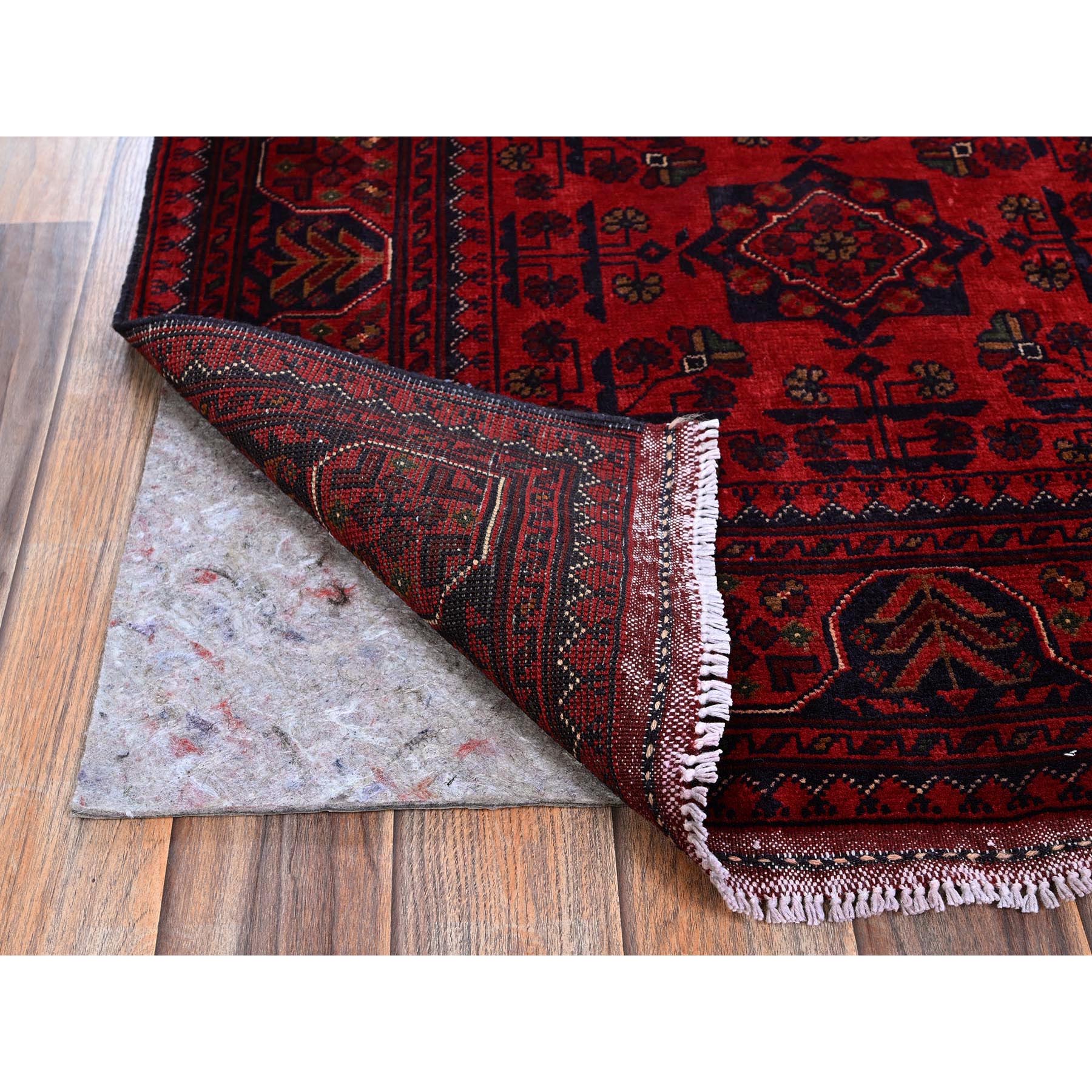 2'9"x3'10" Carmine Red, Hand Knotted, Afghan Khamyab with Tribal Design, Pure Wool, Natural Dyes, Mat, Sample, Oriental Rug Sh707