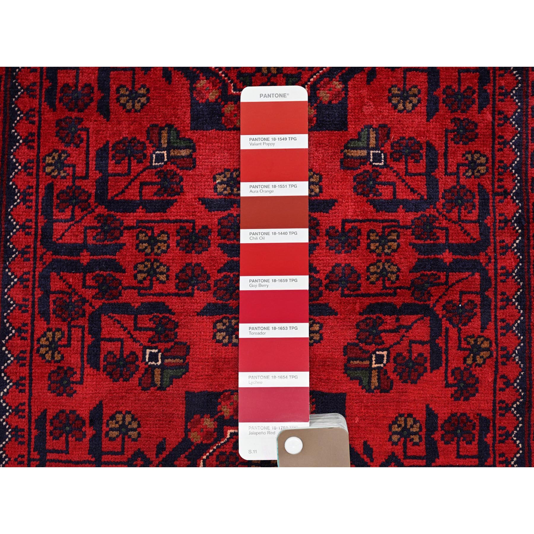 2'9"x3'10" Carmine Red, Hand Knotted, Afghan Khamyab with Tribal Design, Pure Wool, Natural Dyes, Mat, Sample, Oriental Rug Sh707