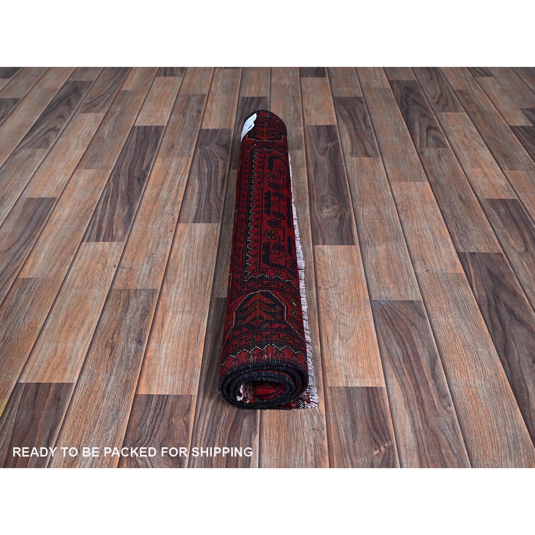 2'9"x3'10" Carmine Red, Hand Knotted, Afghan Khamyab with Tribal Design, Pure Wool, Natural Dyes, Mat, Sample, Oriental Rug Sh707