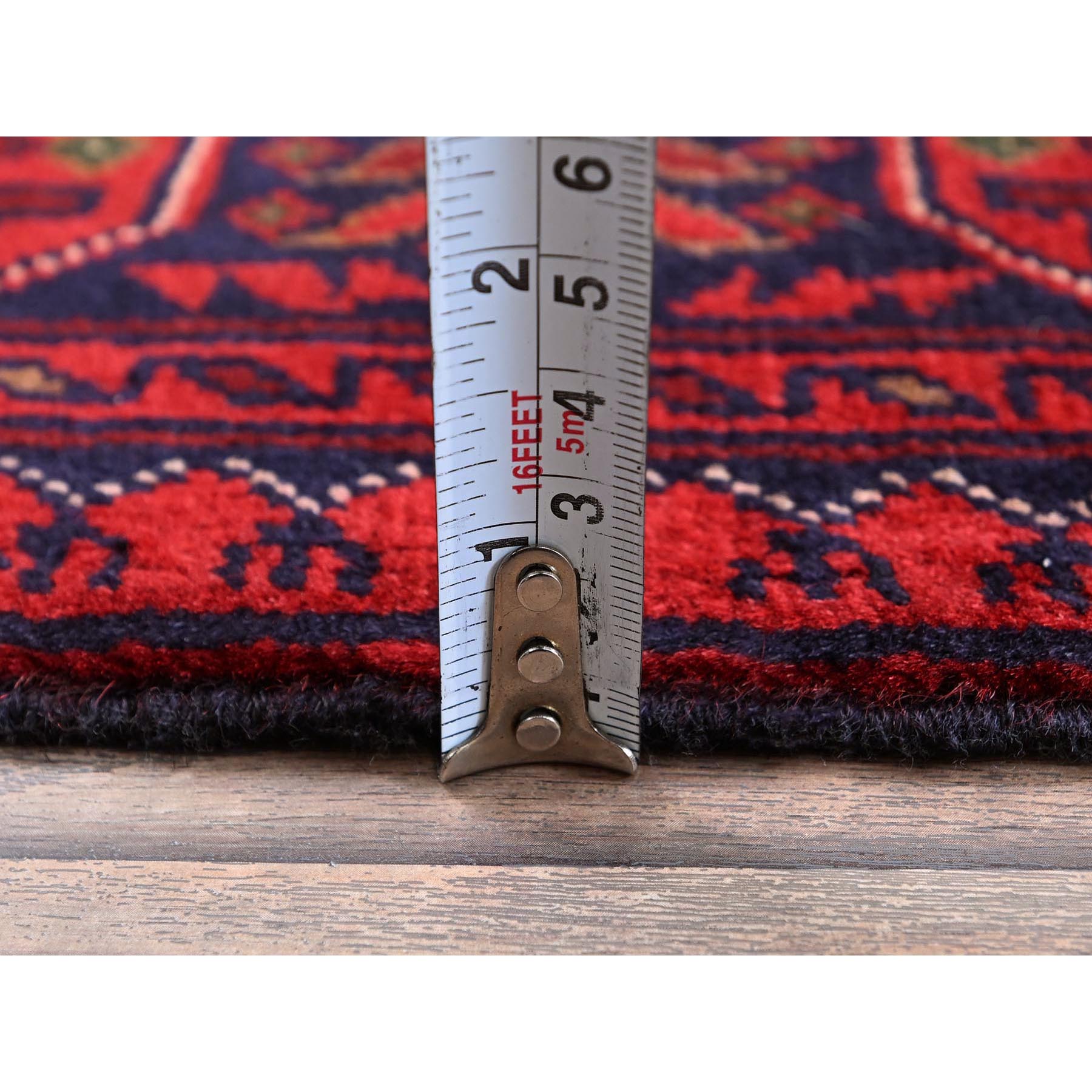 2'9"x3'10" Carmine Red, Hand Knotted, Afghan Khamyab with Tribal Design, Pure Wool, Natural Dyes, Mat, Sample, Oriental Rug Sh707