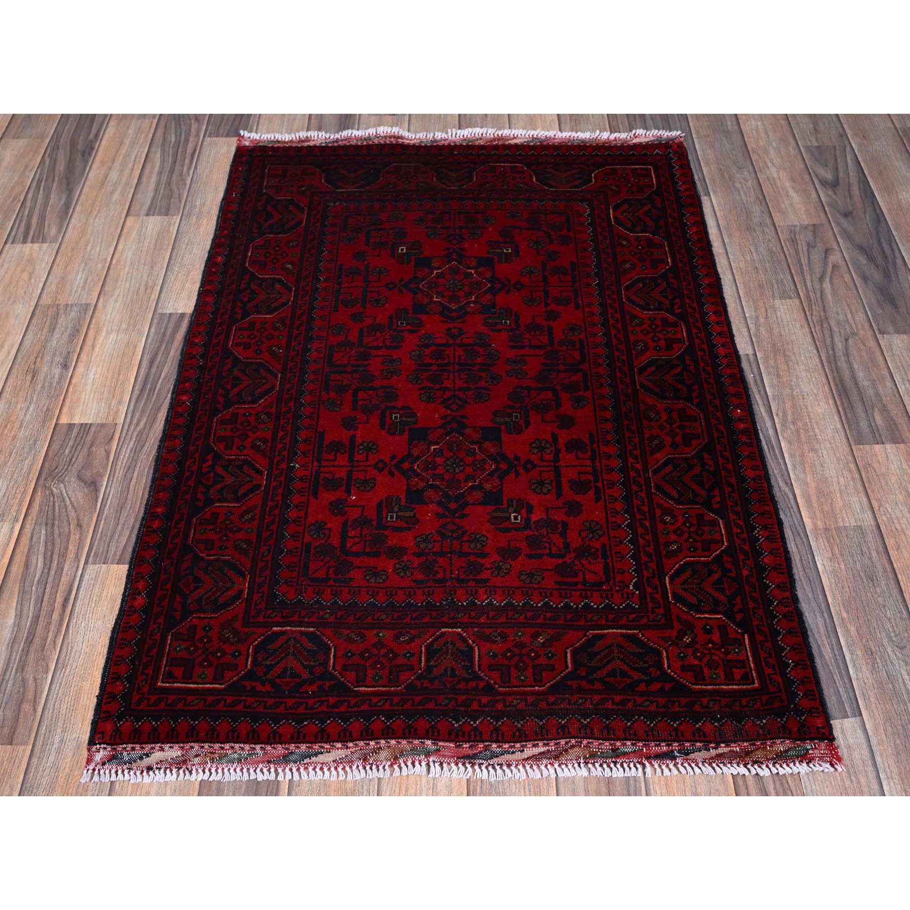 2'9"x3'10" Berry Red, Afghan Khamyab with Tribal Design, Hand Knotted, Soft Wool, Veggie Dyes, Mat, Sample, Oriental Rug Sh708