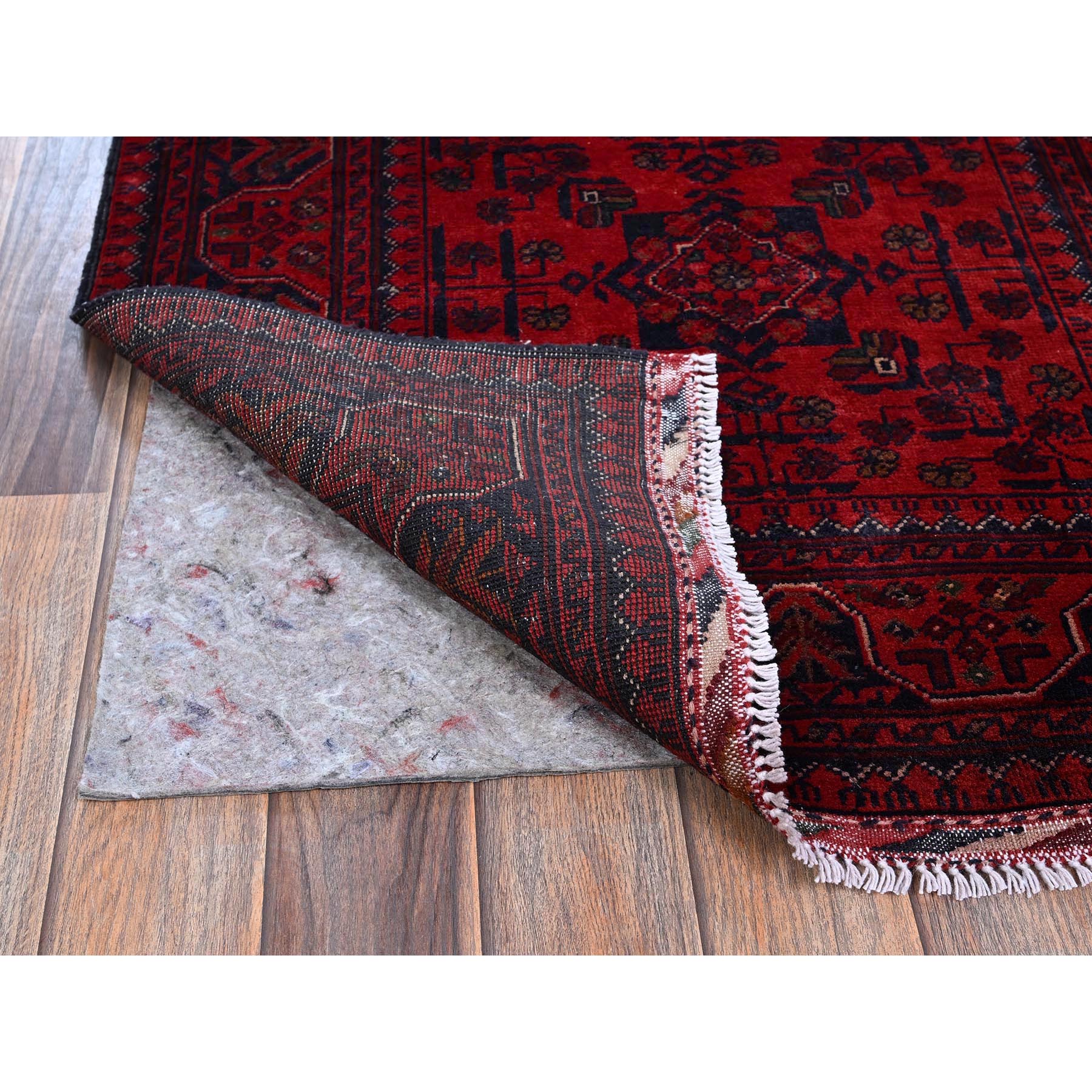 2'9"x3'10" Berry Red, Afghan Khamyab with Tribal Design, Hand Knotted, Soft Wool, Veggie Dyes, Mat, Sample, Oriental Rug Sh708