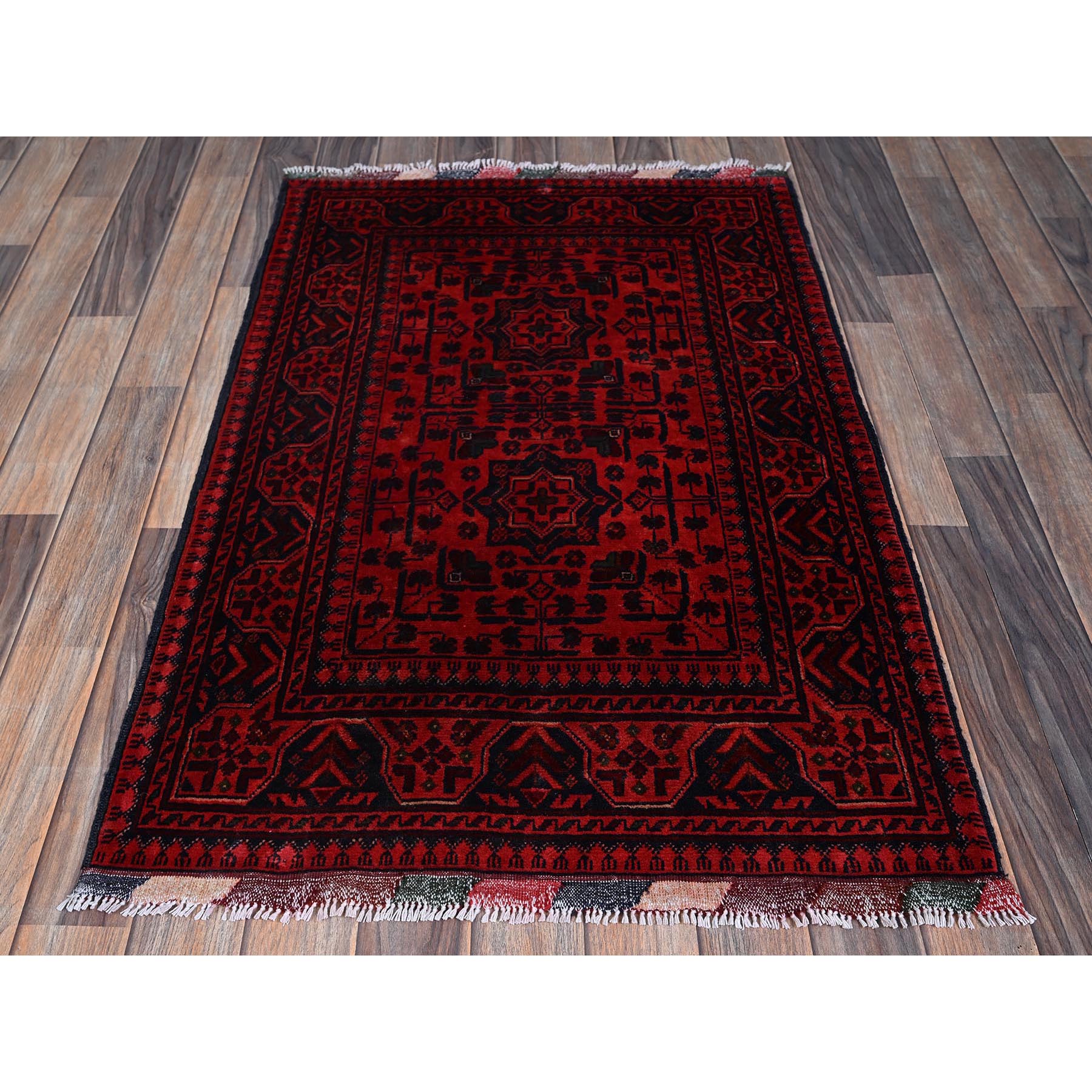 2'8"x4' Scarlet Red, Afghan Khamyab with Tribal Motifs Pattern, Pure Wool, Natural Dyes, Hand Knotted, Mat, Sample, Oriental Rug Sh709