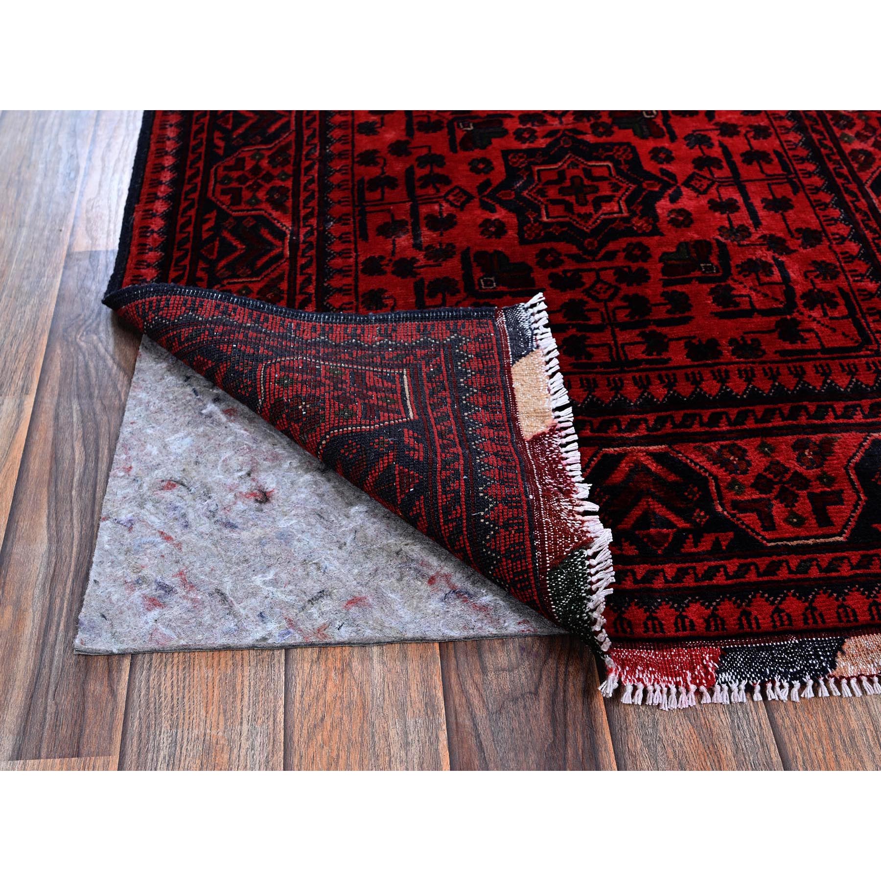 2'8"x4' Scarlet Red, Afghan Khamyab with Tribal Motifs Pattern, Pure Wool, Natural Dyes, Hand Knotted, Mat, Sample, Oriental Rug Sh709