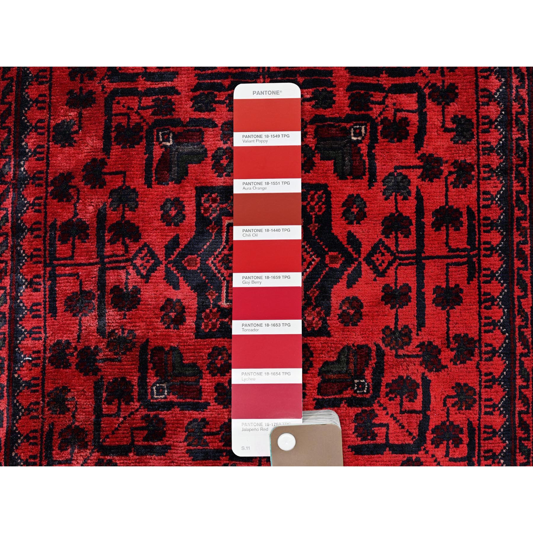 2'8"x4' Scarlet Red, Afghan Khamyab with Tribal Motifs Pattern, Pure Wool, Natural Dyes, Hand Knotted, Mat, Sample, Oriental Rug Sh709