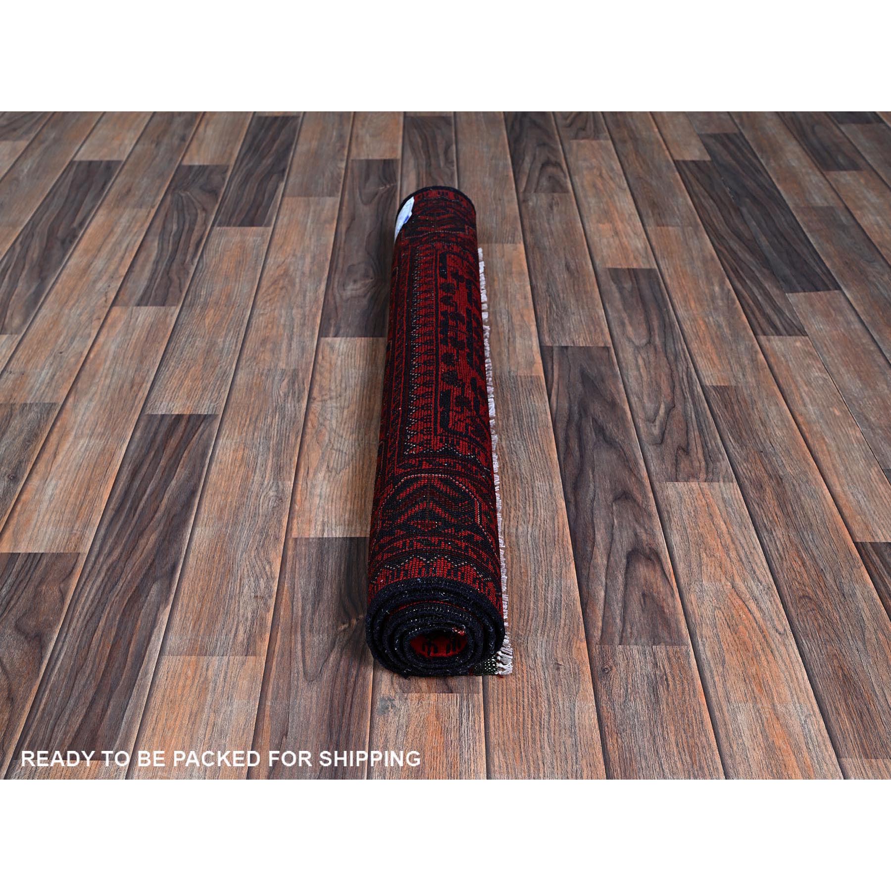 2'8"x4' Scarlet Red, Afghan Khamyab with Tribal Motifs Pattern, Pure Wool, Natural Dyes, Hand Knotted, Mat, Sample, Oriental Rug Sh709