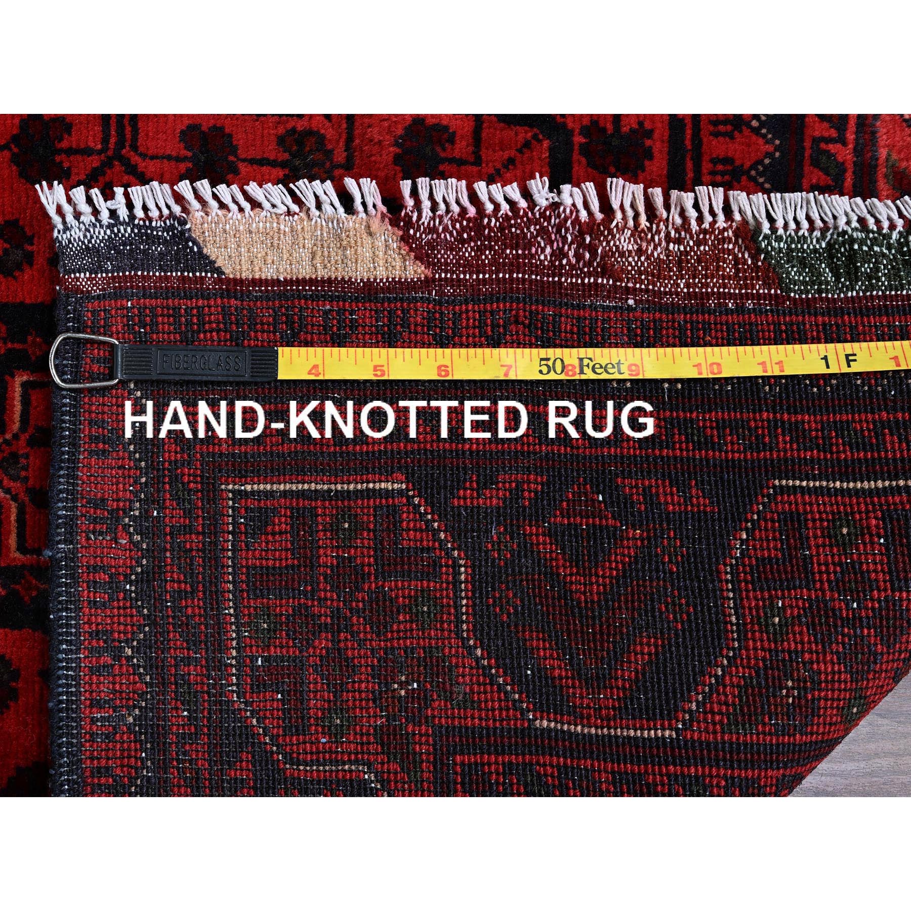 2'8"x4' Scarlet Red, Afghan Khamyab with Tribal Motifs Pattern, Pure Wool, Natural Dyes, Hand Knotted, Mat, Sample, Oriental Rug Sh709