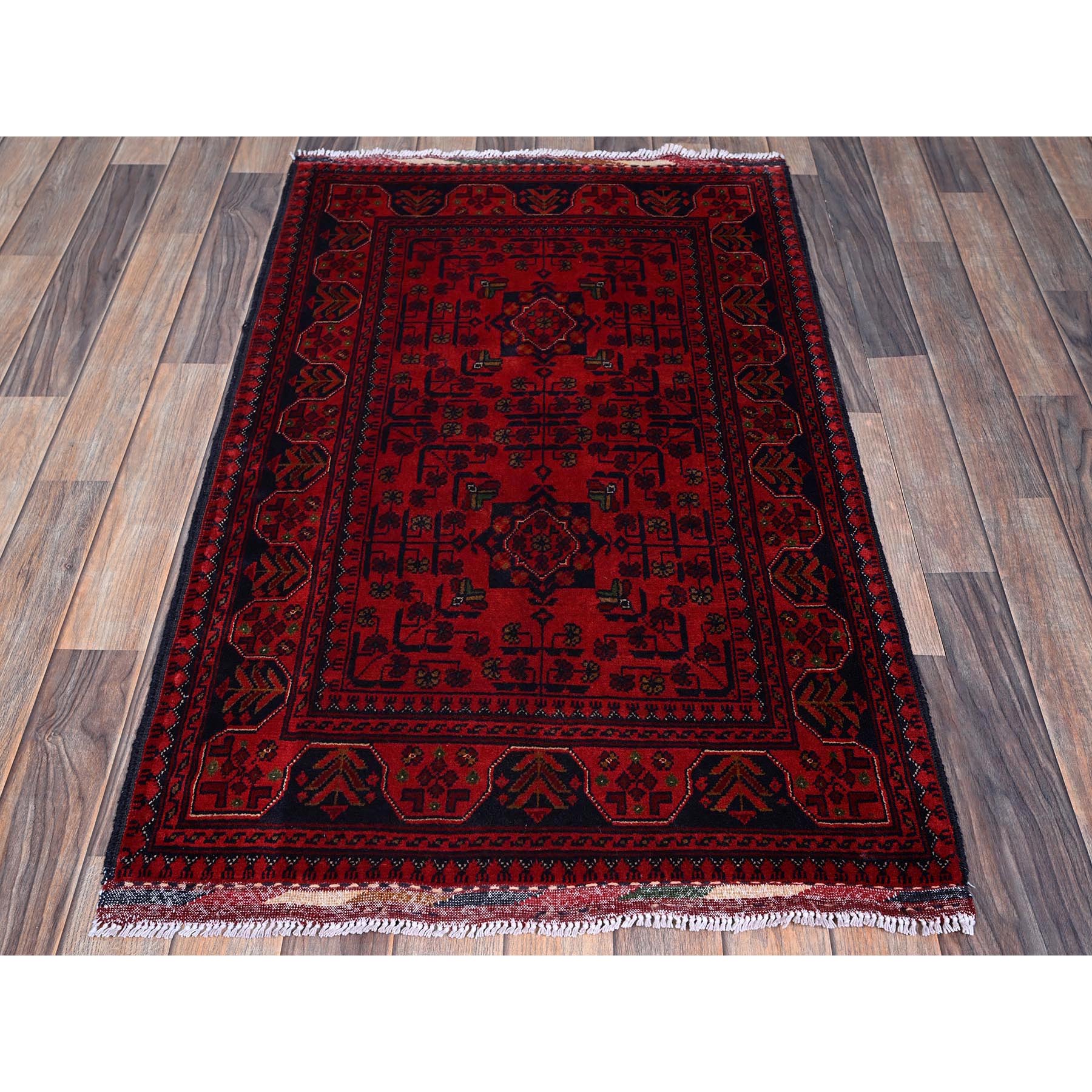 2'7"x4'2" Angels Red, Afghan Khamyab with Tribal Design, Soft and Shiny Wool, Vegetable Dyes, Hand Knotted, Mat, Sample, Oriental Rug Sh710