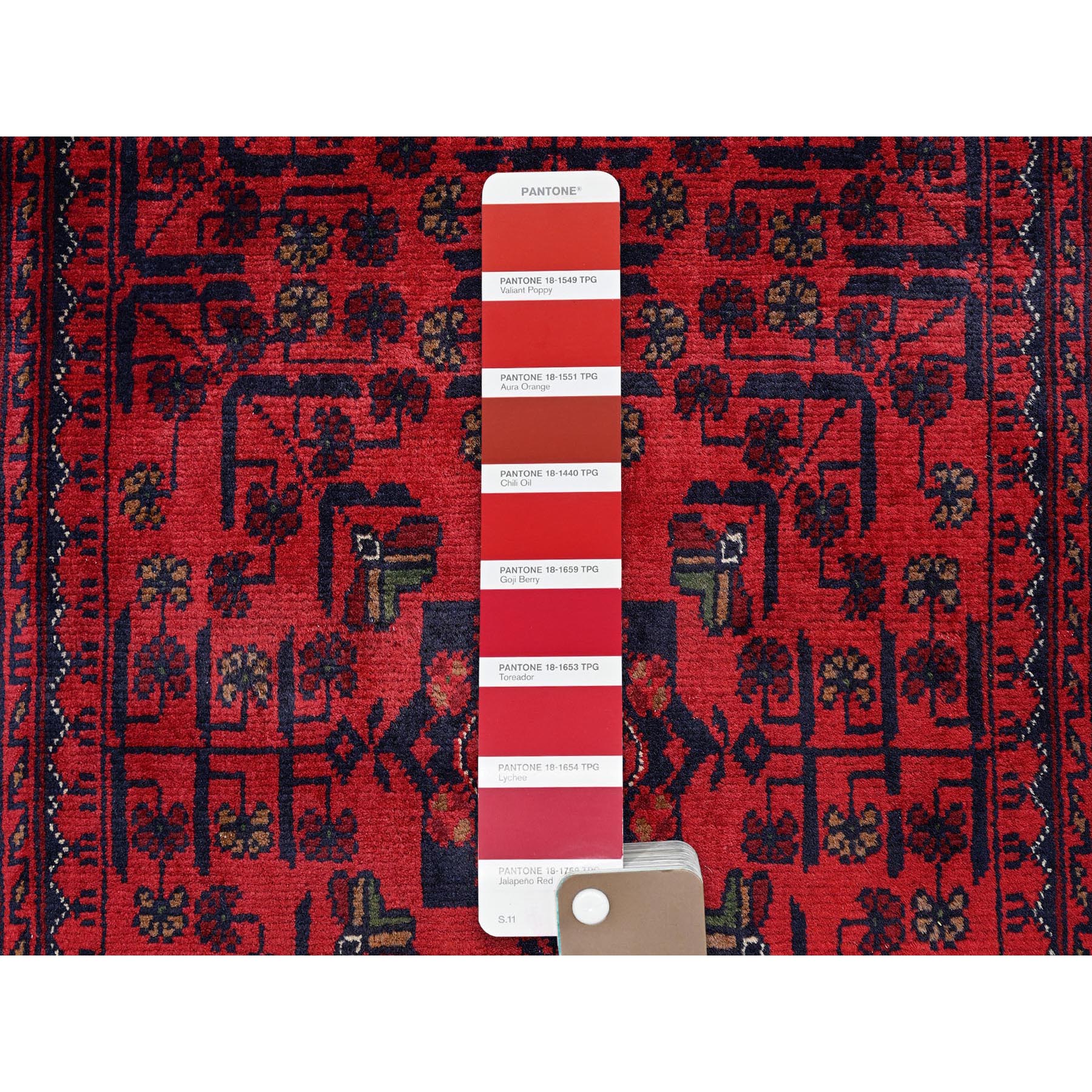 2'7"x4'2" Angels Red, Afghan Khamyab with Tribal Design, Soft and Shiny Wool, Vegetable Dyes, Hand Knotted, Mat, Sample, Oriental Rug Sh710
