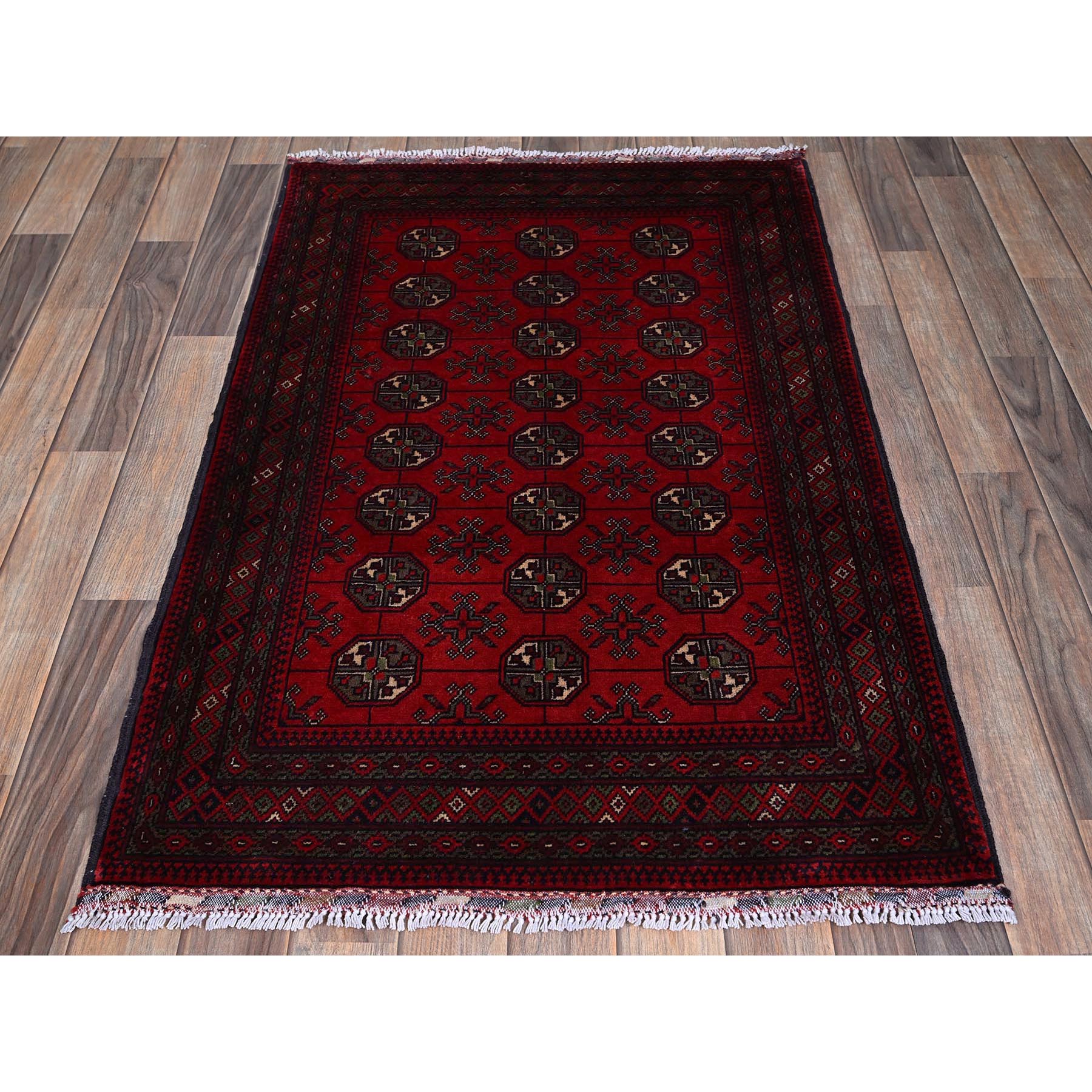 2'9"x4'4" Berry Red, Princess Bokara with Geometric Medallions Design, 100% Wool, Veggie Dyes, Hand Knotted, Mat, Sample, Oriental Rug Sh711
