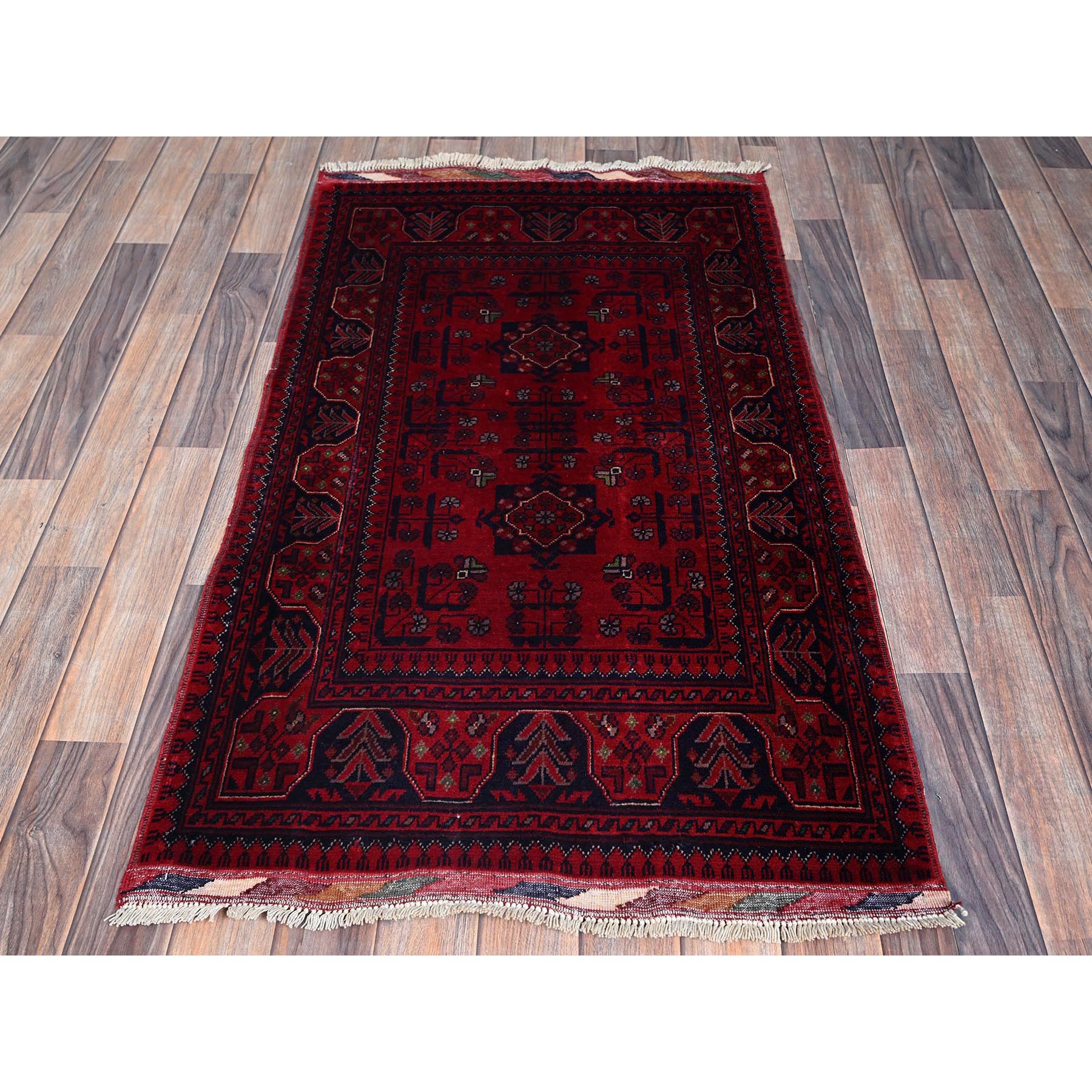 2'7"x4'5" Carmine Red, Afghan Khamyab with Tribal Design, Soft and Velvety Wool, Hand Knotted, Vegetable Dyes, Oriental Rug Sh712