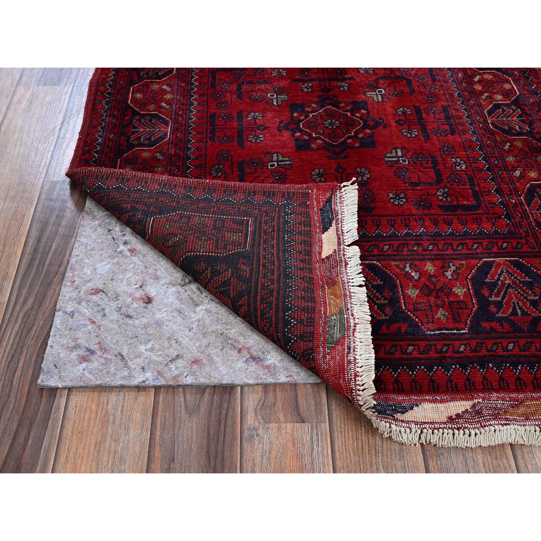 2'7"x4'5" Carmine Red, Afghan Khamyab with Tribal Design, Soft and Velvety Wool, Hand Knotted, Vegetable Dyes, Oriental Rug Sh712