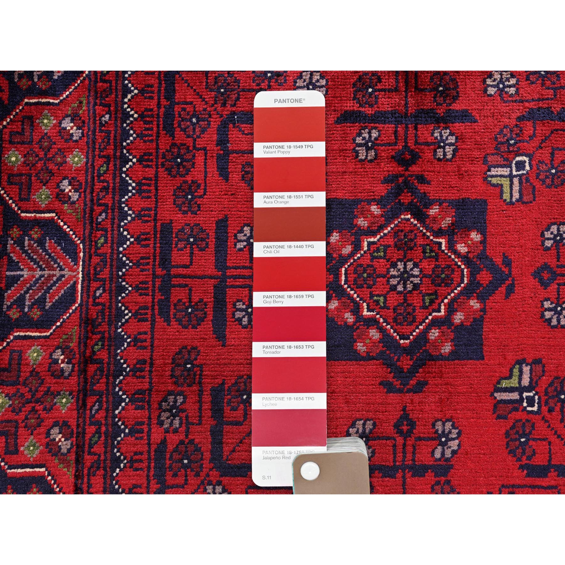 2'7"x4'5" Carmine Red, Afghan Khamyab with Tribal Design, Soft and Velvety Wool, Hand Knotted, Vegetable Dyes, Oriental Rug Sh712