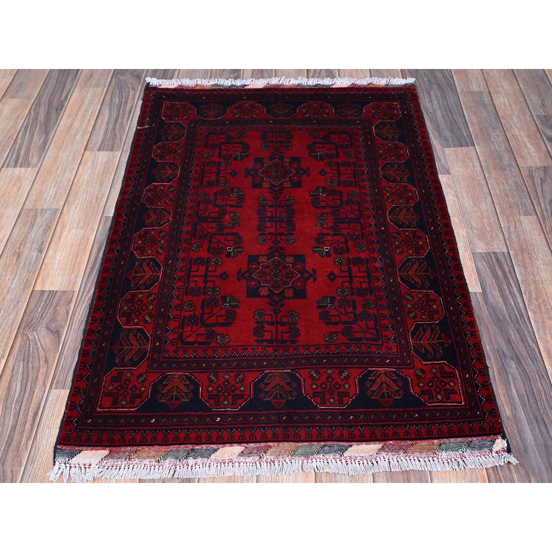 2'7"x3'9" Carmine Red, Afghan Khamyab with Tribal Design, Soft and Velvety Wool, Natural Dyes, Hand Knotted, Mat, Sample, Oriental Rug Sh714
