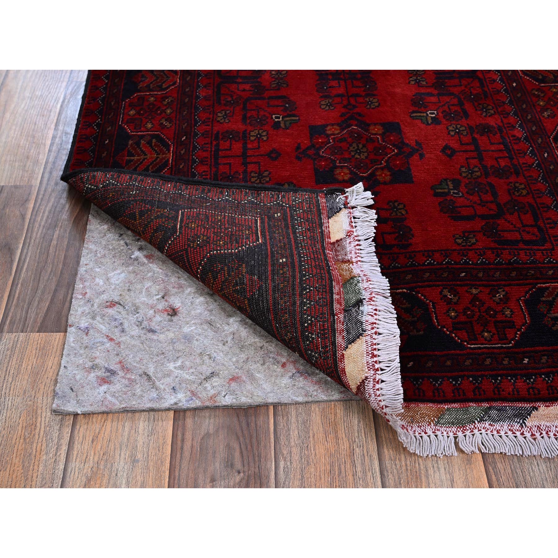 2'7"x3'9" Carmine Red, Afghan Khamyab with Tribal Design, Soft and Velvety Wool, Natural Dyes, Hand Knotted, Mat, Sample, Oriental Rug Sh714