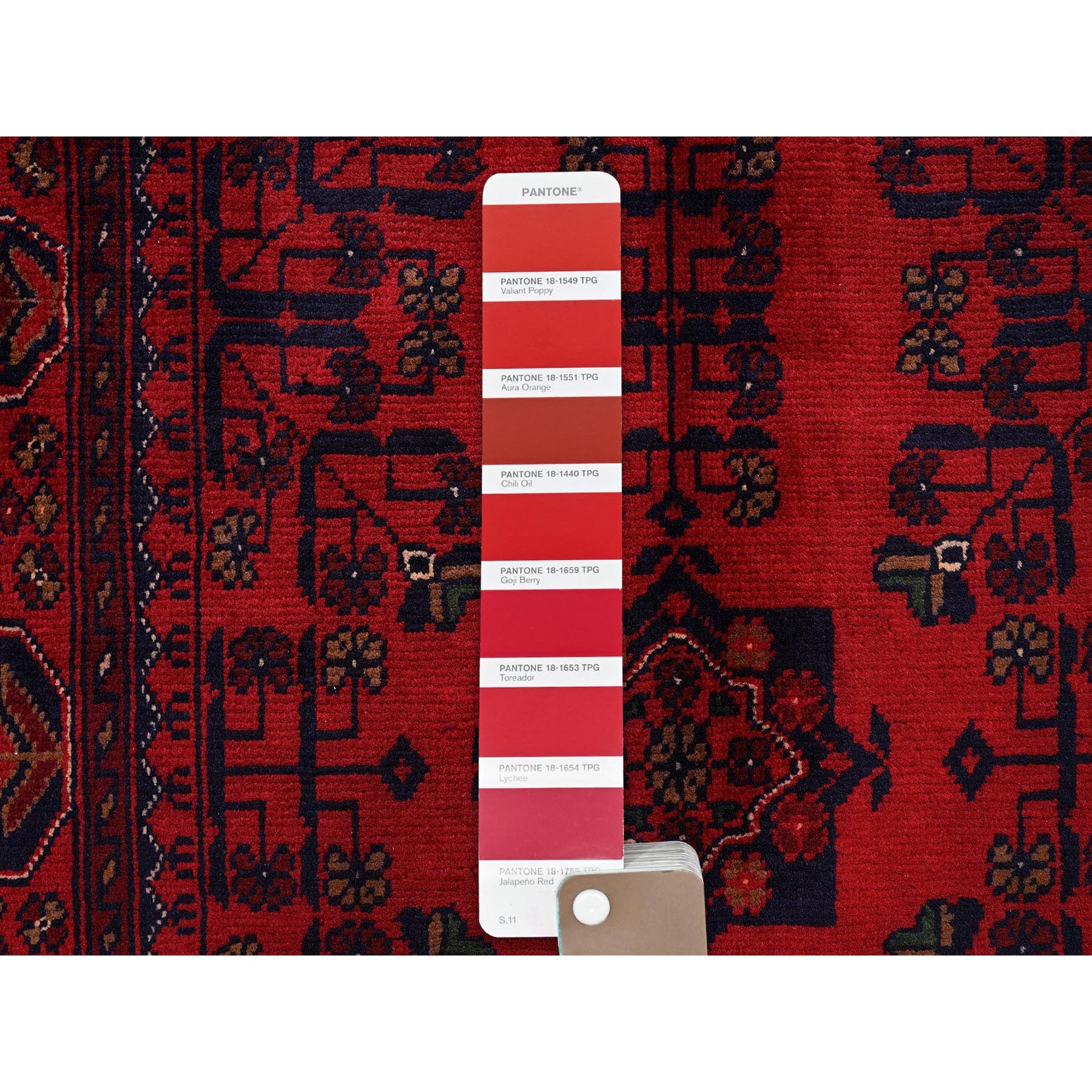 2'7"x3'9" Carmine Red, Afghan Khamyab with Tribal Design, Soft and Velvety Wool, Natural Dyes, Hand Knotted, Mat, Sample, Oriental Rug Sh714