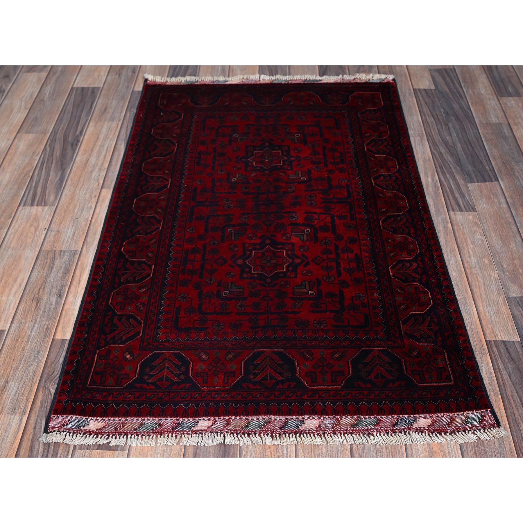 2'7"x3'10" Carmine Red, Hand Knotted, Afghan Khamyab with Geometric Medallions Design, Soft Wool, Vegetable Dyes, Mat, Sample, Oriental Rug Sh715