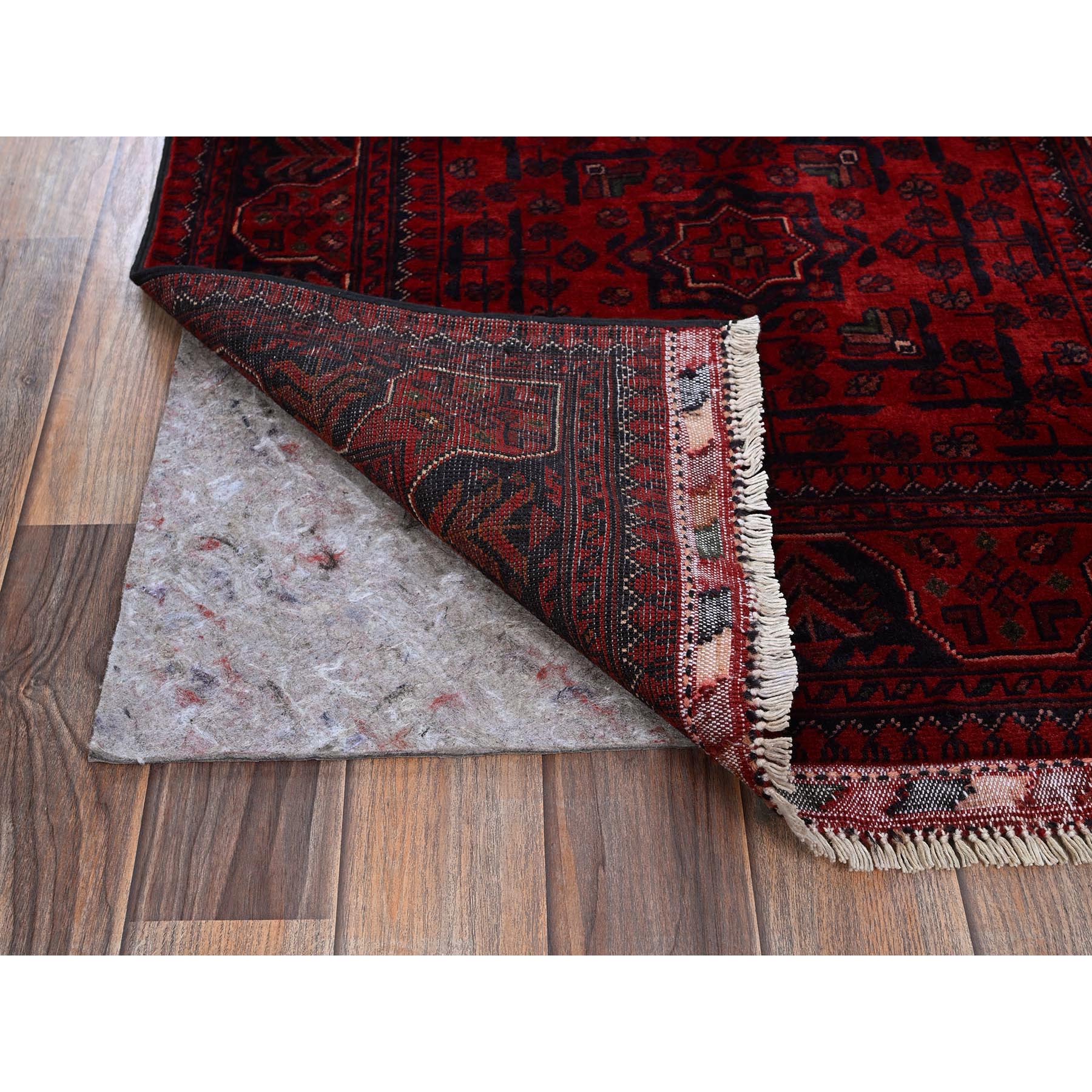 2'7"x3'10" Carmine Red, Hand Knotted, Afghan Khamyab with Geometric Medallions Design, Soft Wool, Vegetable Dyes, Mat, Sample, Oriental Rug Sh715