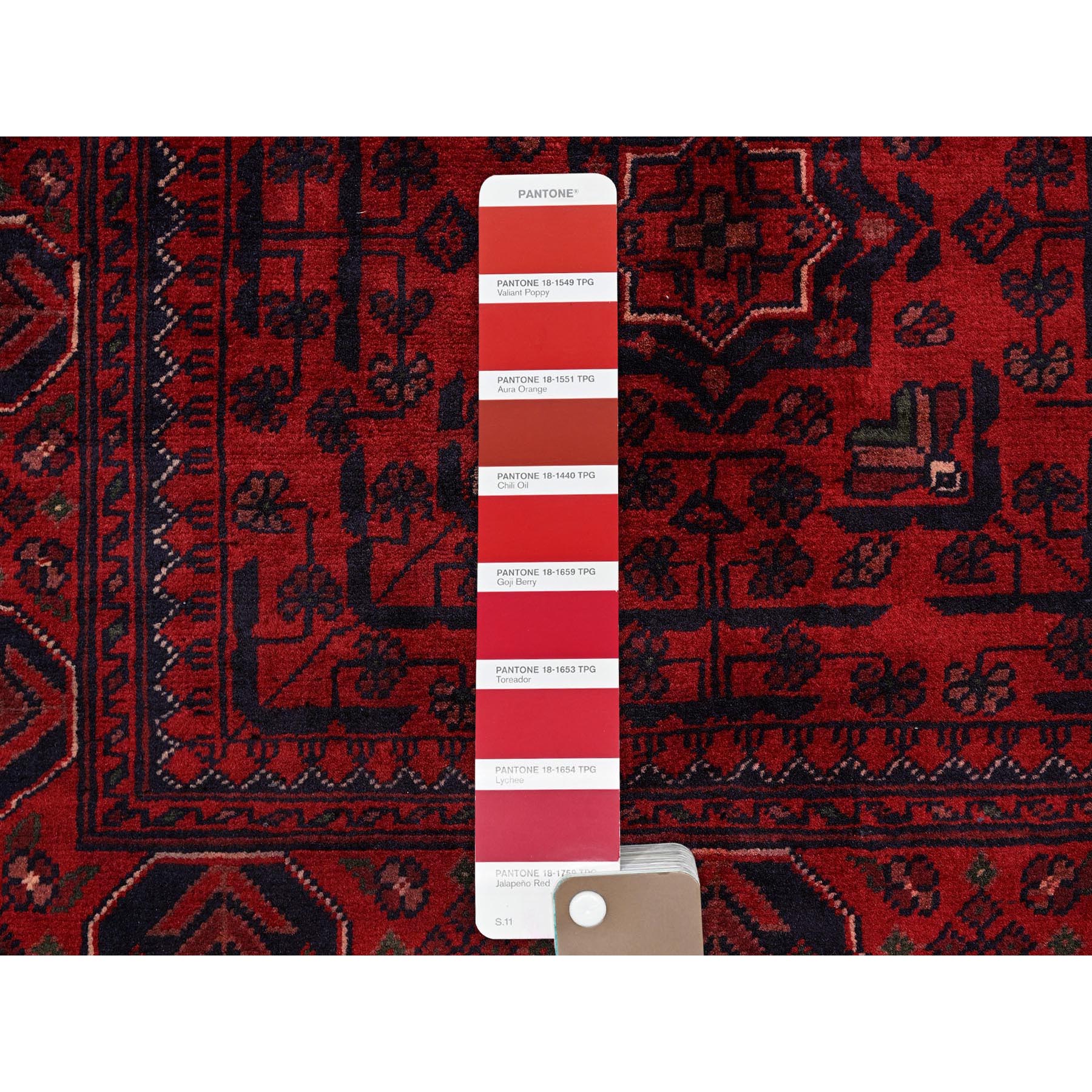 2'7"x3'10" Carmine Red, Hand Knotted, Afghan Khamyab with Geometric Medallions Design, Soft Wool, Vegetable Dyes, Mat, Sample, Oriental Rug Sh715