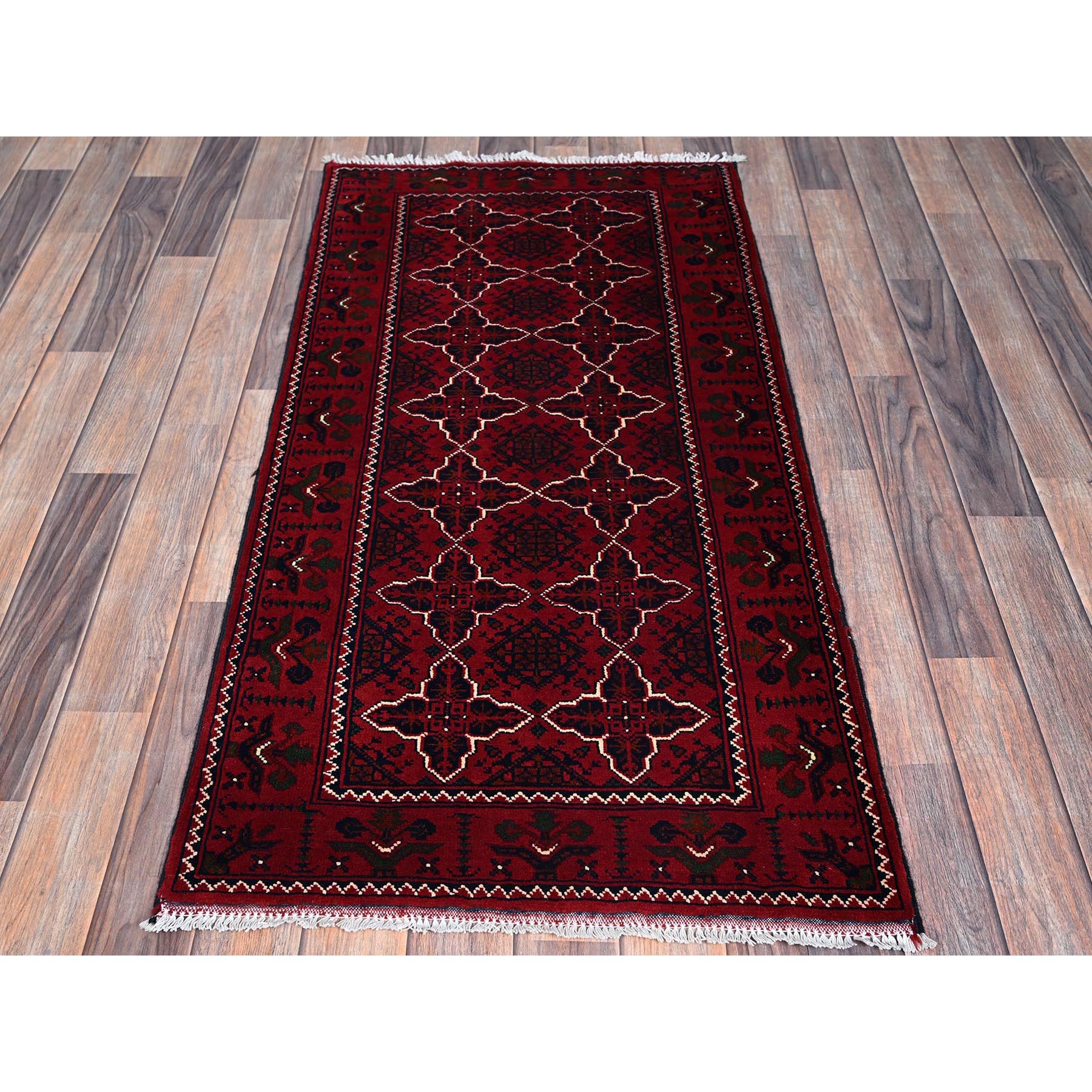 2'3"x4'6" Scarlet Red, Afghan Khamyab with Geometric Pattern, Hand Knotted, Soft and Velvety Wool, Vegetable Dyes, Short Runner, Oriental Rug Sh719