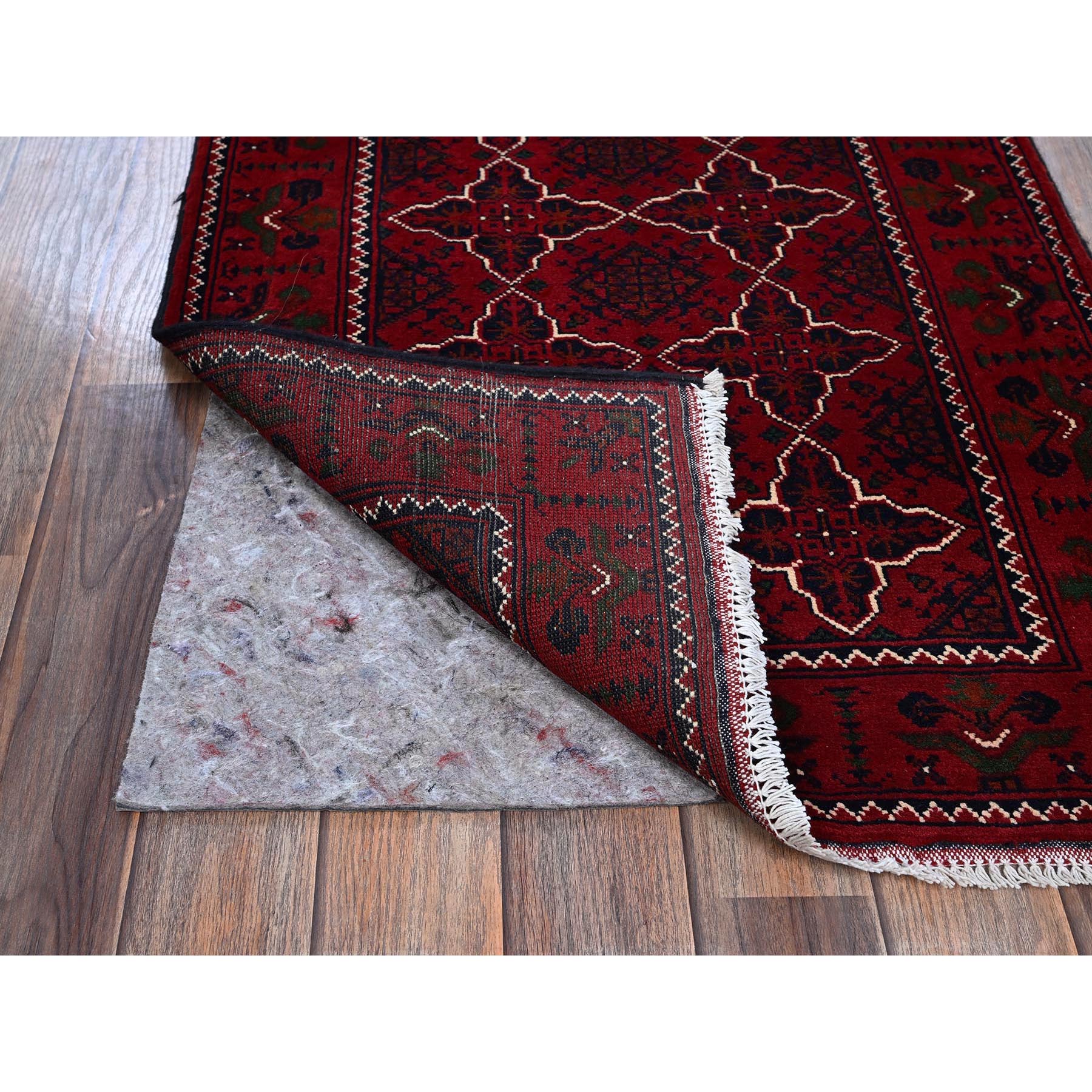 2'3"x4'6" Scarlet Red, Afghan Khamyab with Geometric Pattern, Hand Knotted, Soft and Velvety Wool, Vegetable Dyes, Short Runner, Oriental Rug Sh719