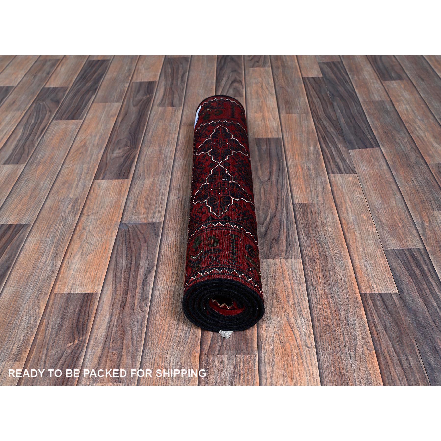 2'3"x4'6" Scarlet Red, Afghan Khamyab with Geometric Pattern, Hand Knotted, Soft and Velvety Wool, Vegetable Dyes, Short Runner, Oriental Rug Sh719