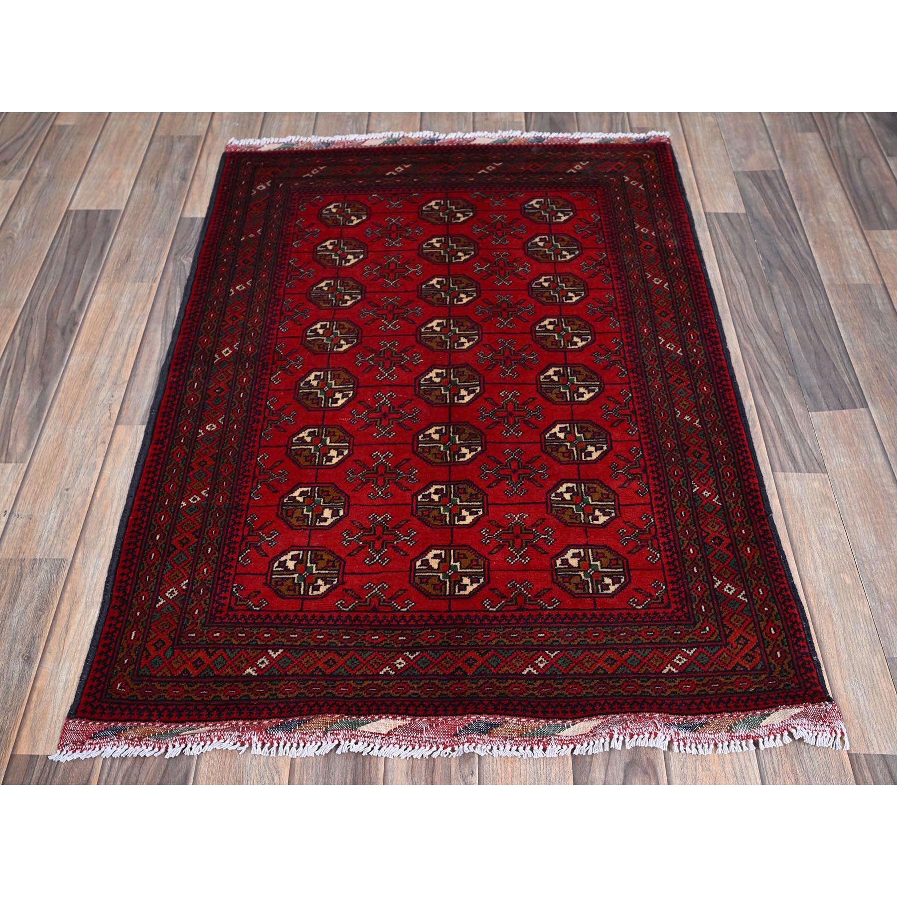 2'8"x3'9" Scarlet Red, Princess Bokara with Geometric Medallions Design, Soft Wool, Vegetable Dyes, Hand Knotted, Mat, Sample, Oriental Rug Sh723