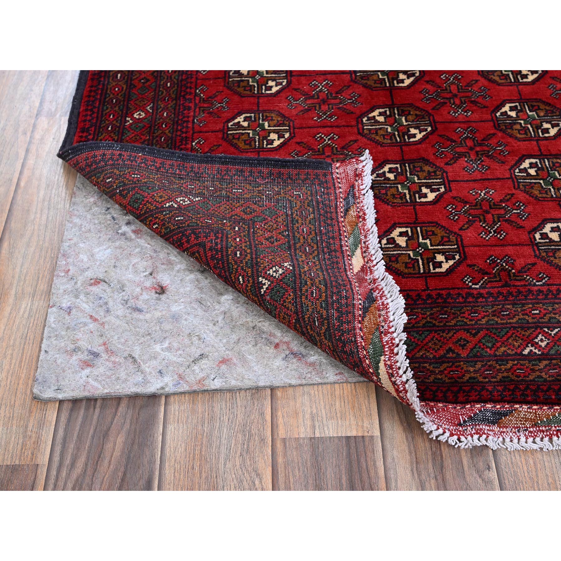 2'8"x3'9" Scarlet Red, Princess Bokara with Geometric Medallions Design, Soft Wool, Vegetable Dyes, Hand Knotted, Mat, Sample, Oriental Rug Sh723