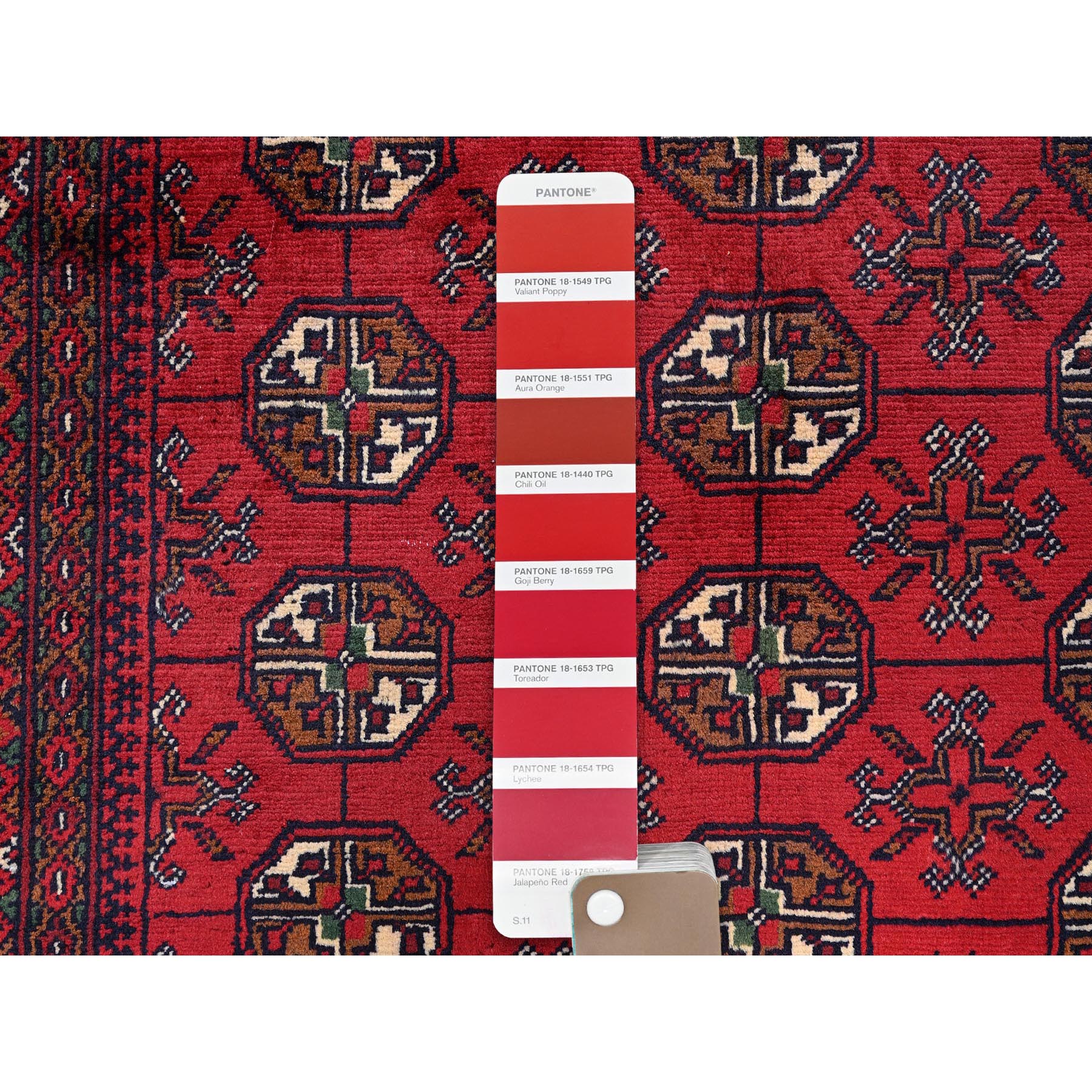 2'8"x3'9" Scarlet Red, Princess Bokara with Geometric Medallions Design, Soft Wool, Vegetable Dyes, Hand Knotted, Mat, Sample, Oriental Rug Sh723