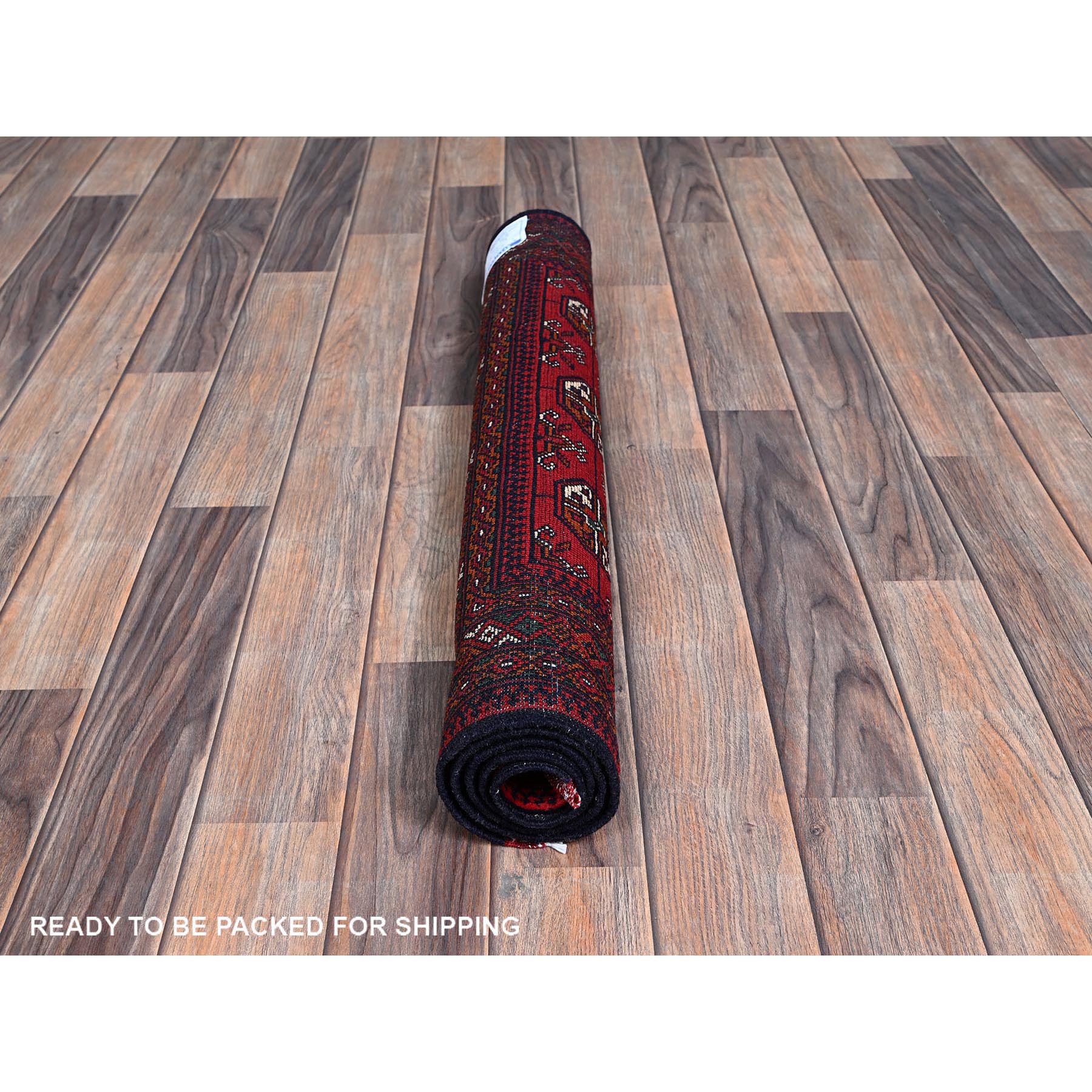 2'8"x3'9" Scarlet Red, Princess Bokara with Geometric Medallions Design, Soft Wool, Vegetable Dyes, Hand Knotted, Mat, Sample, Oriental Rug Sh723