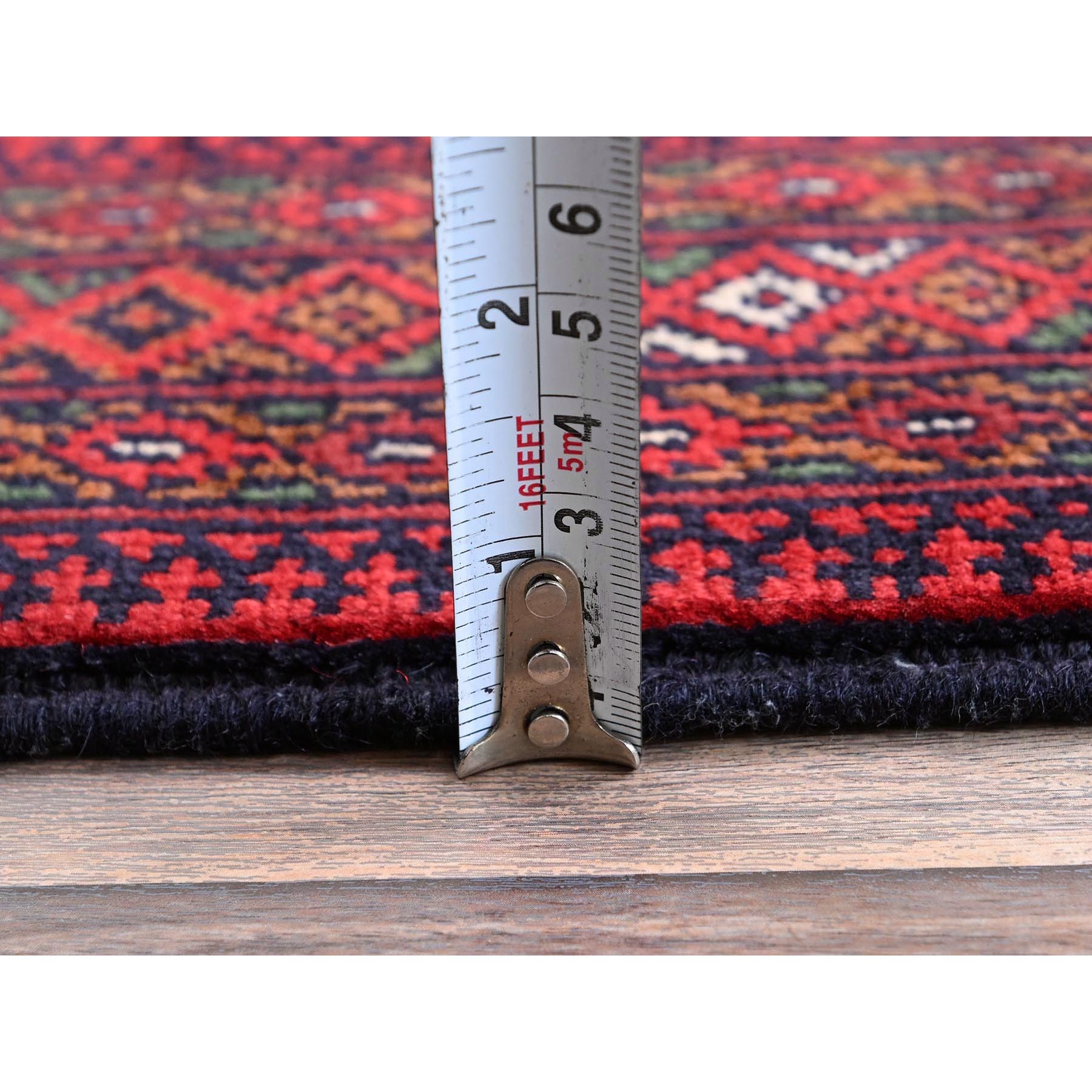 2'8"x3'9" Scarlet Red, Princess Bokara with Geometric Medallions Design, Soft Wool, Vegetable Dyes, Hand Knotted, Mat, Sample, Oriental Rug Sh723
