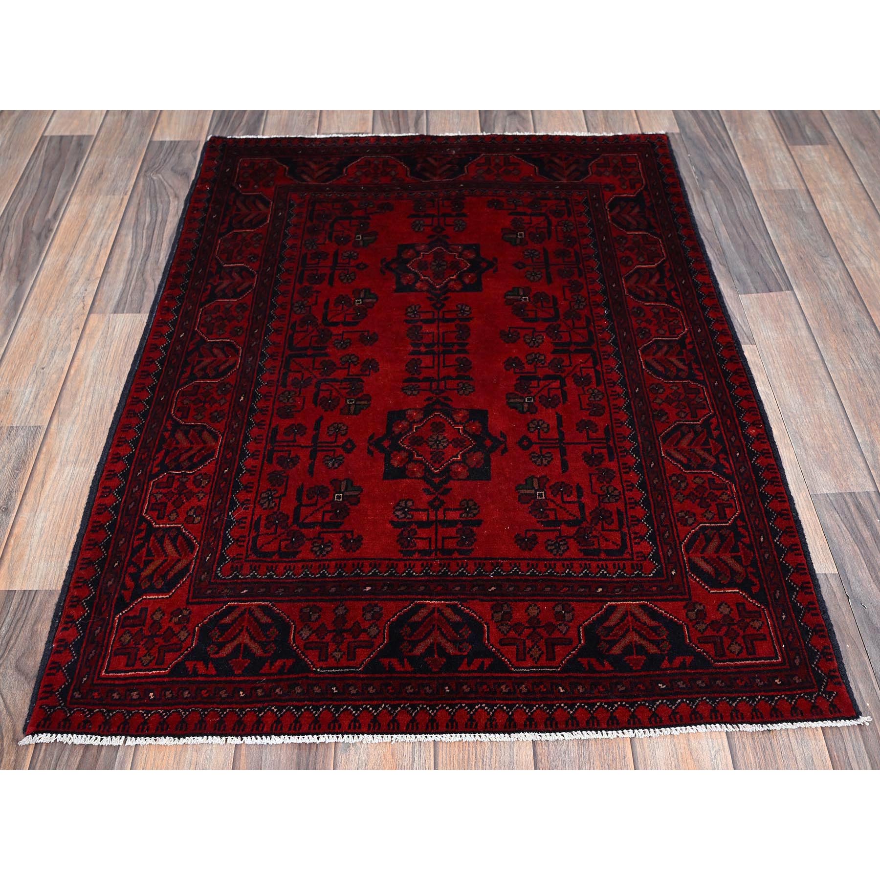 2'9"x3'10" Ruby Red, Afghan Khamyab with Geometric Pattern, Soft and Velvety Wool, Hand Knotted, Vegetable Dyes, Sample, Mat, Oriental Rug Sh724