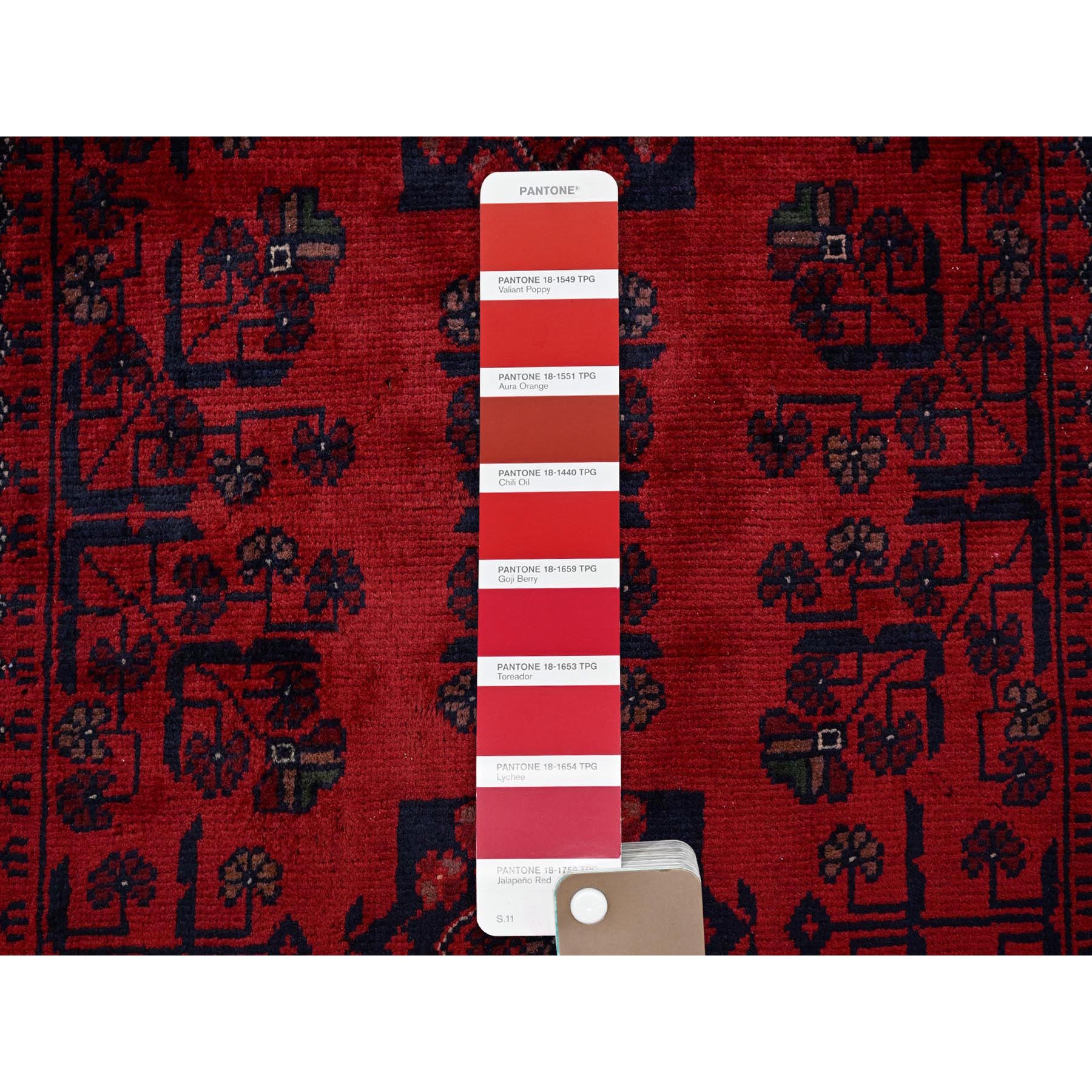 2'9"x3'10" Ruby Red, Afghan Khamyab with Geometric Pattern, Soft and Velvety Wool, Hand Knotted, Vegetable Dyes, Sample, Mat, Oriental Rug Sh724