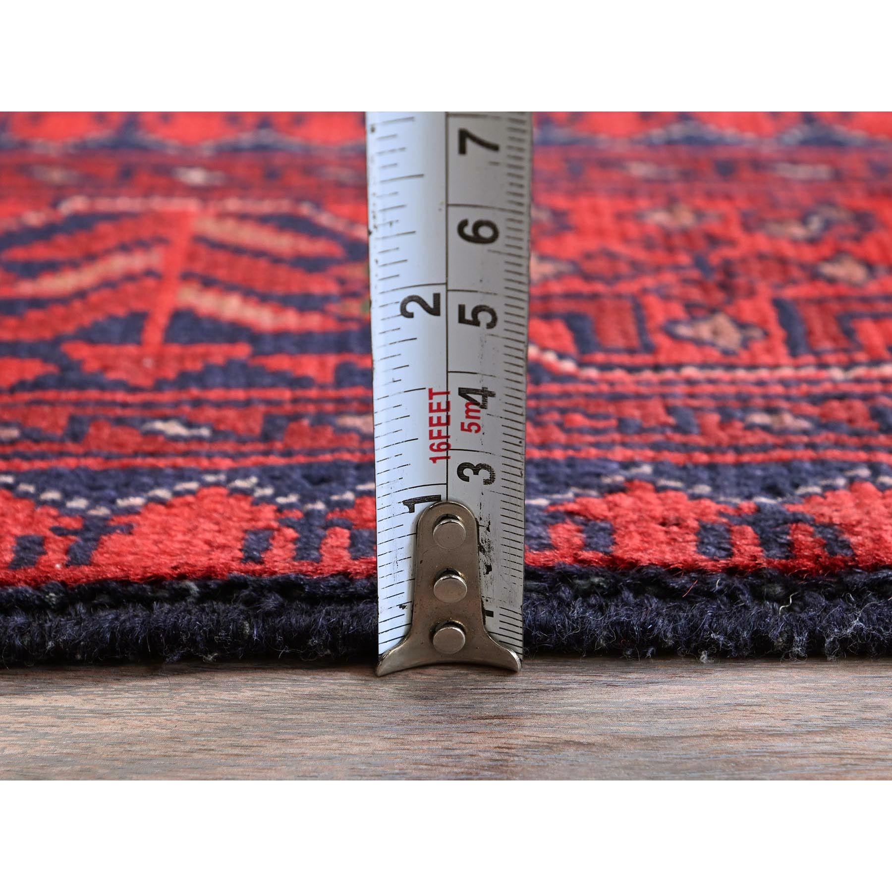 2'9"x3'10" Ruby Red, Afghan Khamyab with Geometric Pattern, Soft and Velvety Wool, Hand Knotted, Vegetable Dyes, Sample, Mat, Oriental Rug Sh724