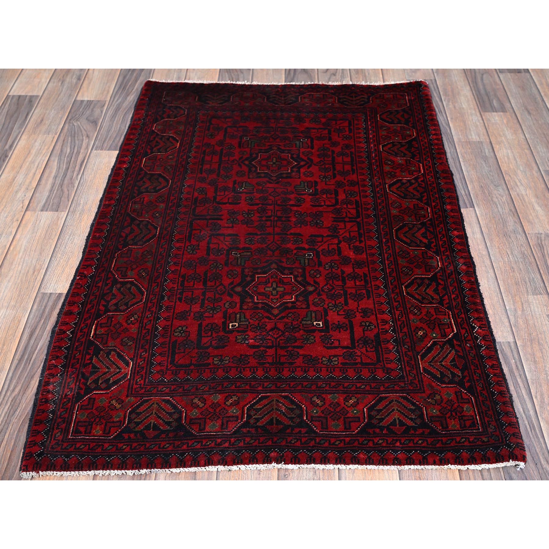 2'8"x4' Berry Red, Afghan Khamyab with Tribal Design, Soft and Shiny Wool, Vegetable Dyes, Hand Knotted, Mat, Sample, Oriental Rug Sh726
