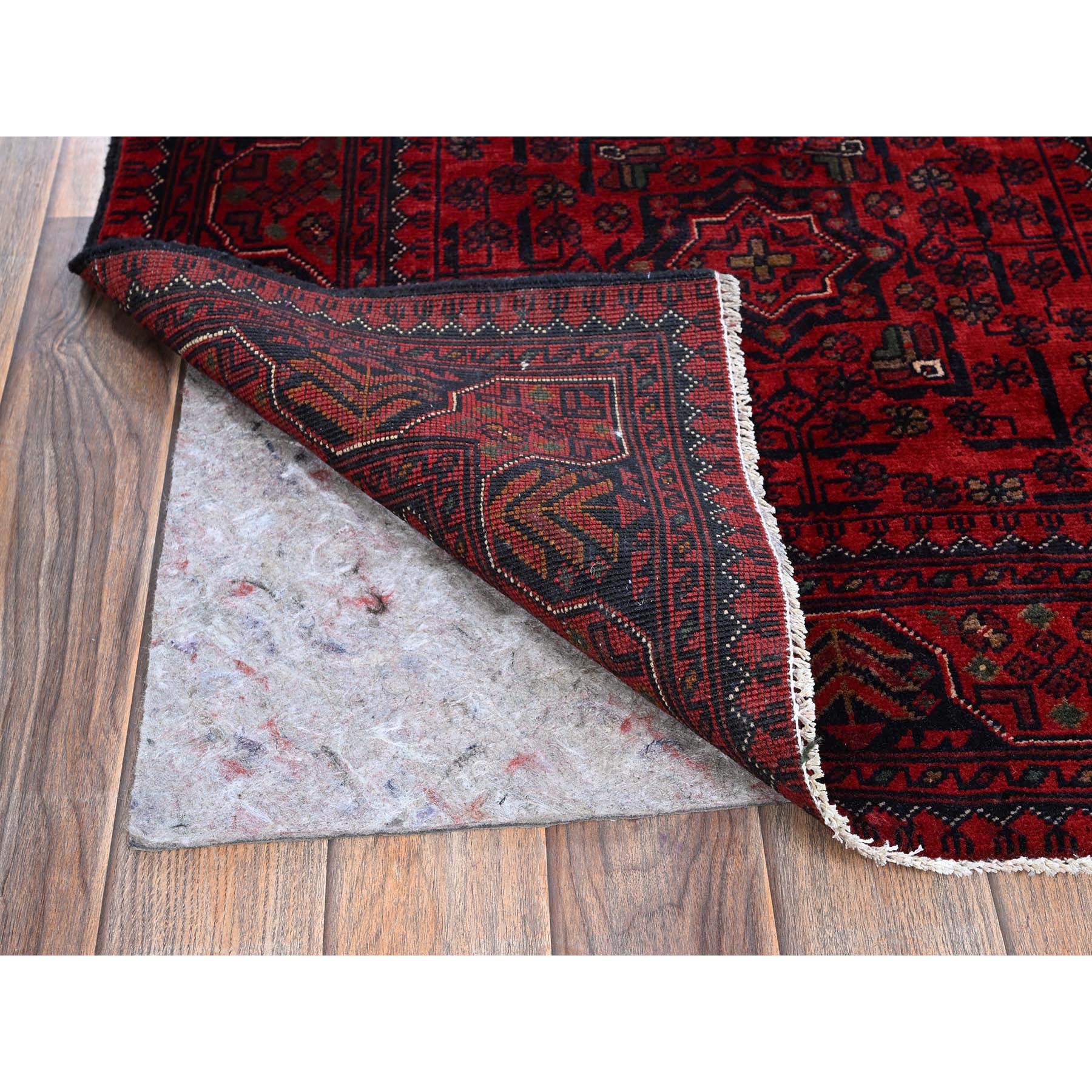 2'8"x4' Berry Red, Afghan Khamyab with Tribal Design, Soft and Shiny Wool, Vegetable Dyes, Hand Knotted, Mat, Sample, Oriental Rug Sh726