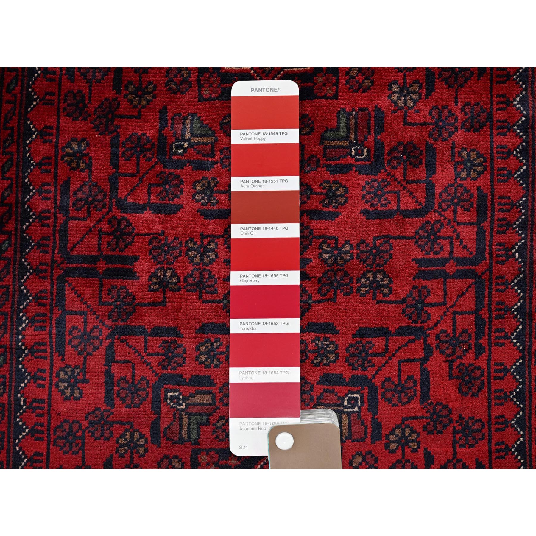 2'8"x4' Berry Red, Afghan Khamyab with Tribal Design, Soft and Shiny Wool, Vegetable Dyes, Hand Knotted, Mat, Sample, Oriental Rug Sh726