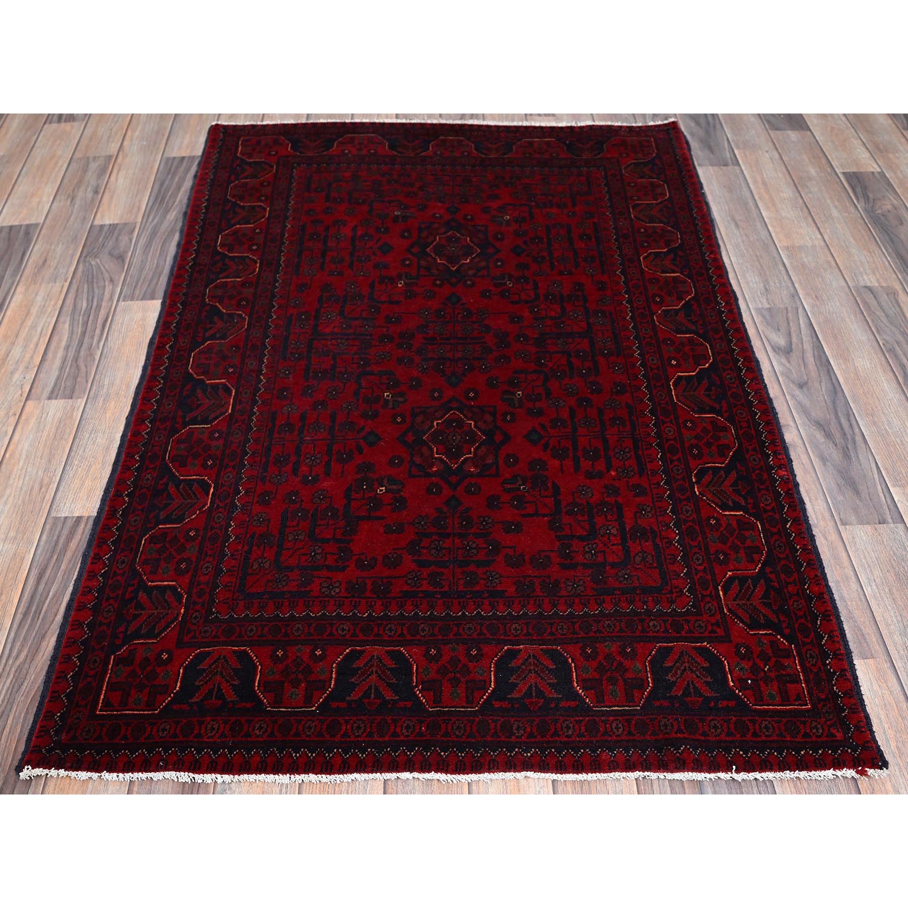 3'4"x5' Scarlet Red, Afghan Khamyab with Geometric Design, Soft and Velvety Wool, Hand Knotted, Vegetable Dyes, Oriental Rug Sh727