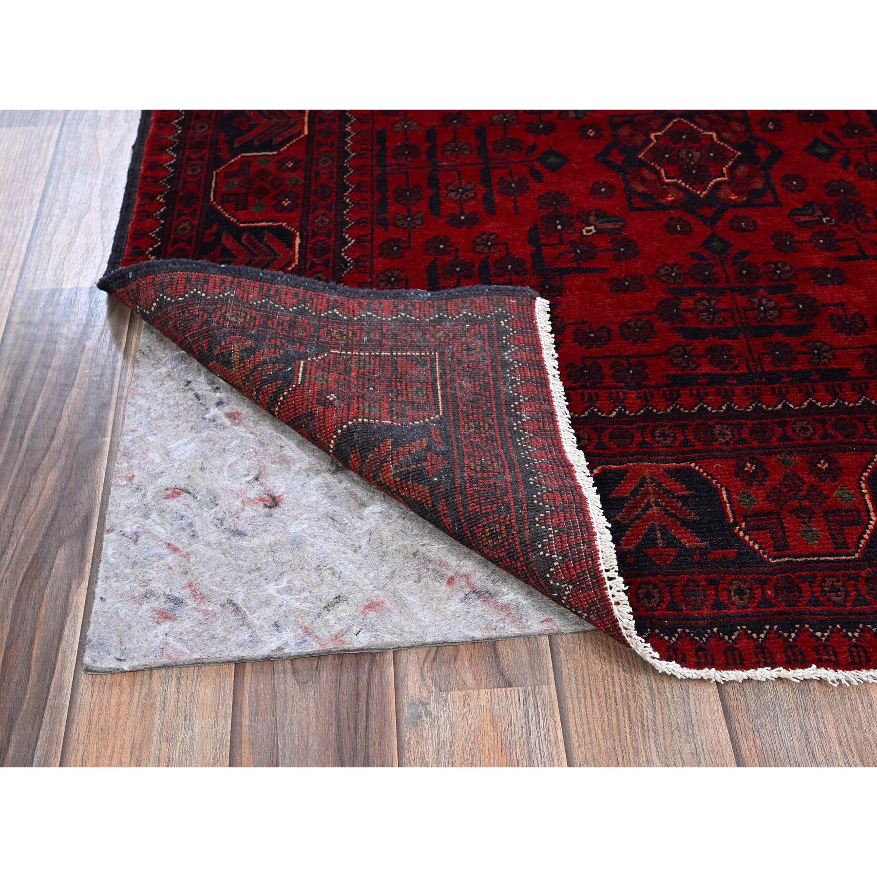 3'4"x5' Scarlet Red, Afghan Khamyab with Geometric Design, Soft and Velvety Wool, Hand Knotted, Vegetable Dyes, Oriental Rug Sh727