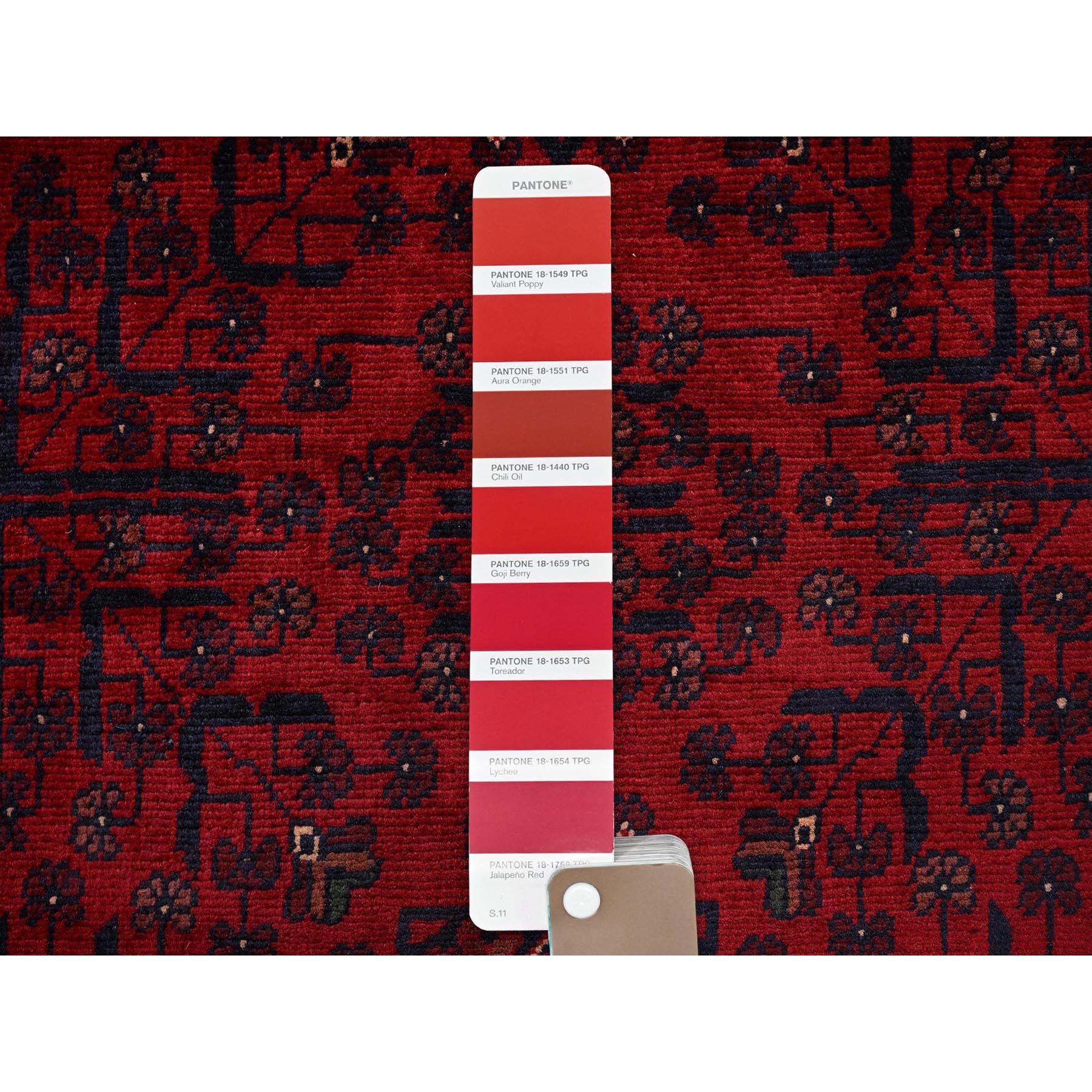 3'4"x5' Scarlet Red, Afghan Khamyab with Geometric Design, Soft and Velvety Wool, Hand Knotted, Vegetable Dyes, Oriental Rug Sh727