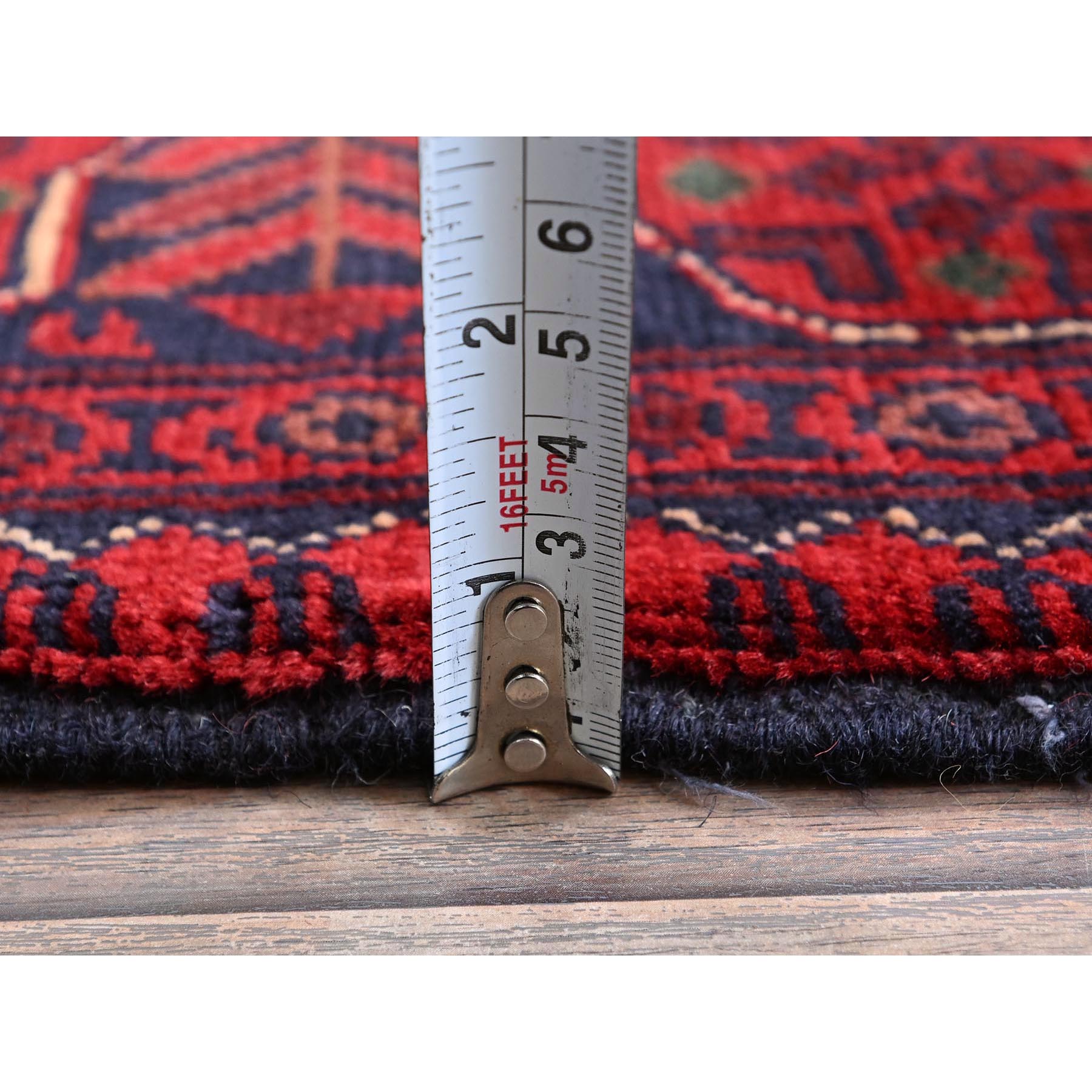 3'4"x5' Scarlet Red, Afghan Khamyab with Geometric Design, Soft and Velvety Wool, Hand Knotted, Vegetable Dyes, Oriental Rug Sh727